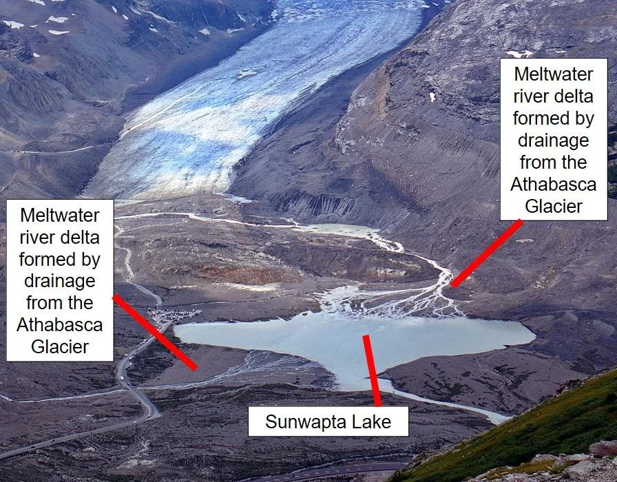 Two river deltas formed in a proglacial lake in front of the Athabasca Glacier.
