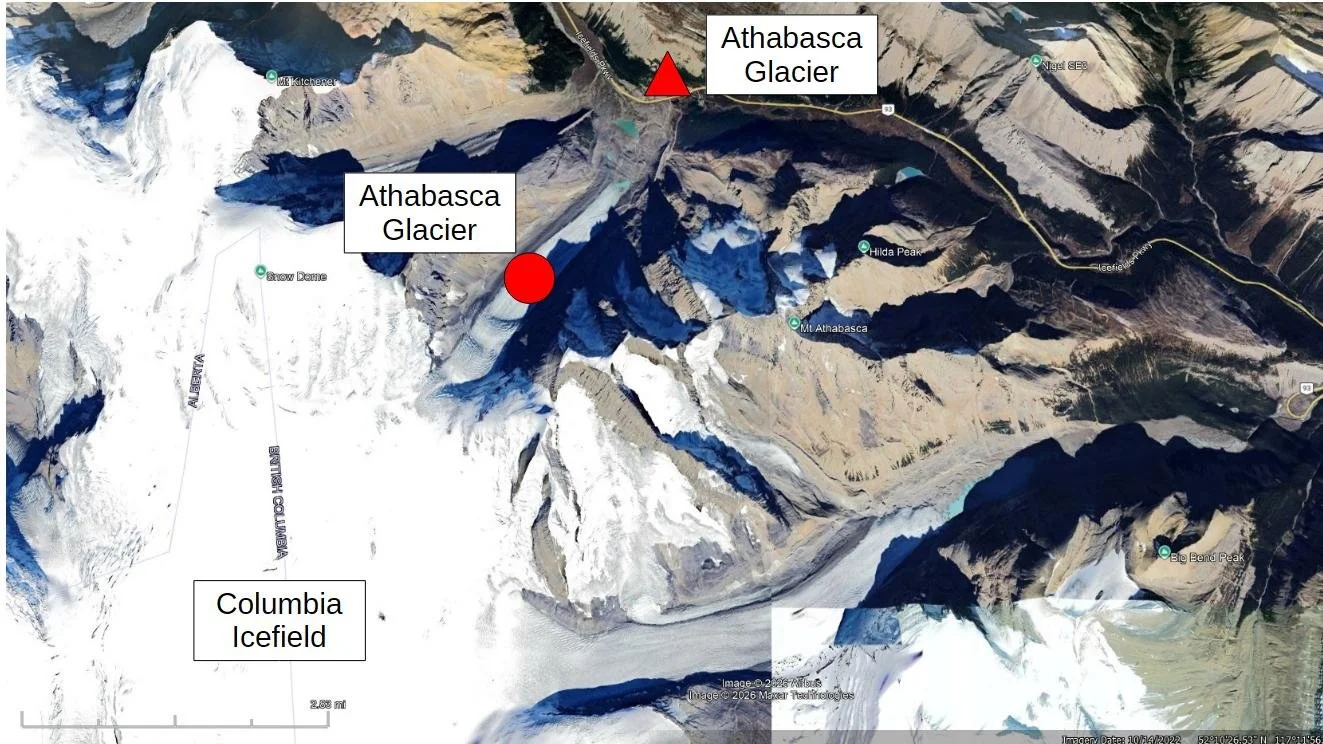 A Google Earth satellite image showing the Athabasca Glacier flowing out of the Columbia Icefield.