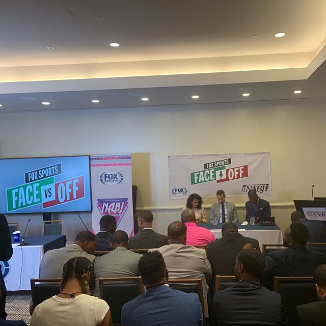 It&rsquo;s a packed room with a long line as @robparkerfs1 @chrisbroussard68 @joytaylortalks prepare to show the ins and outs of sports talk in Palmetto 10 for &ldquo;Spit Your Game: FOX Sports Debate Lab&rdquo;#NABJ19 #NABJ