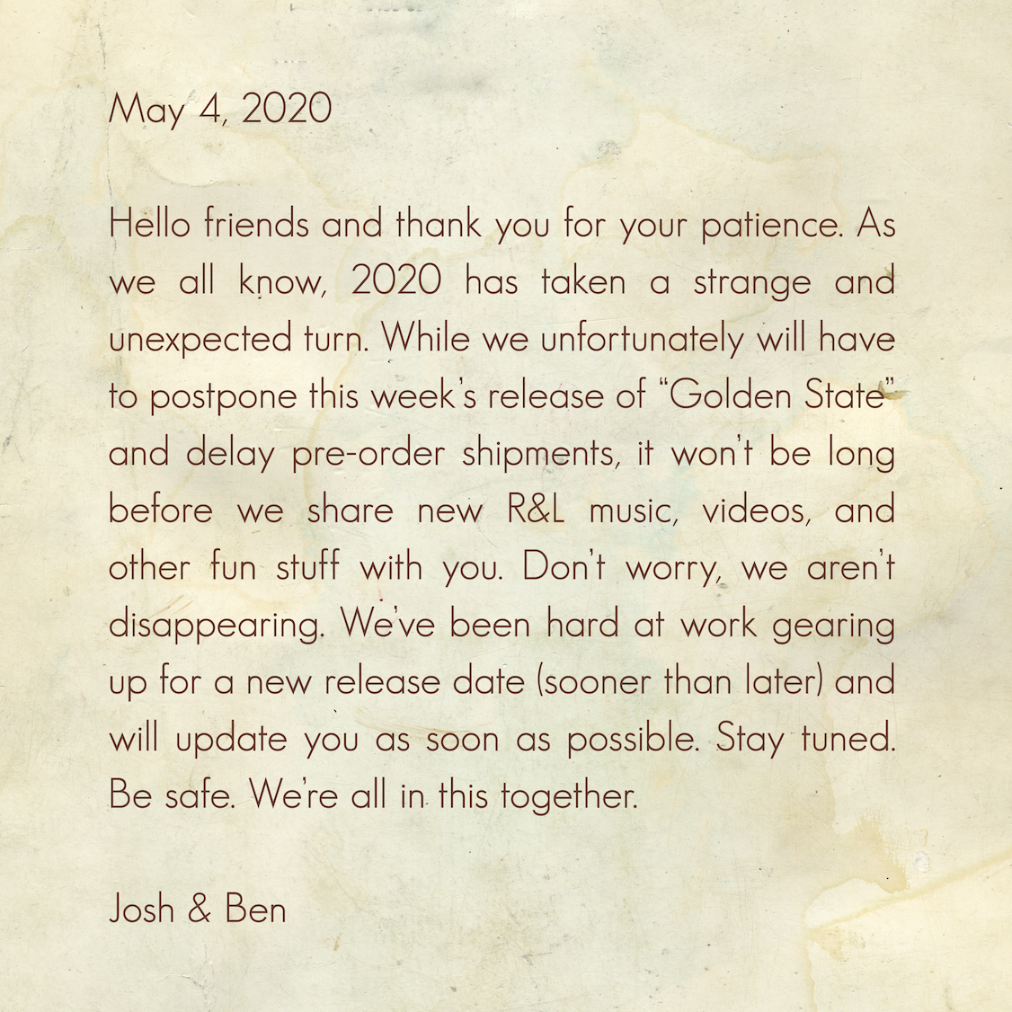 RADNOR &amp; LEE DELAY ALBUM RELEASE DUE TO COVID-19