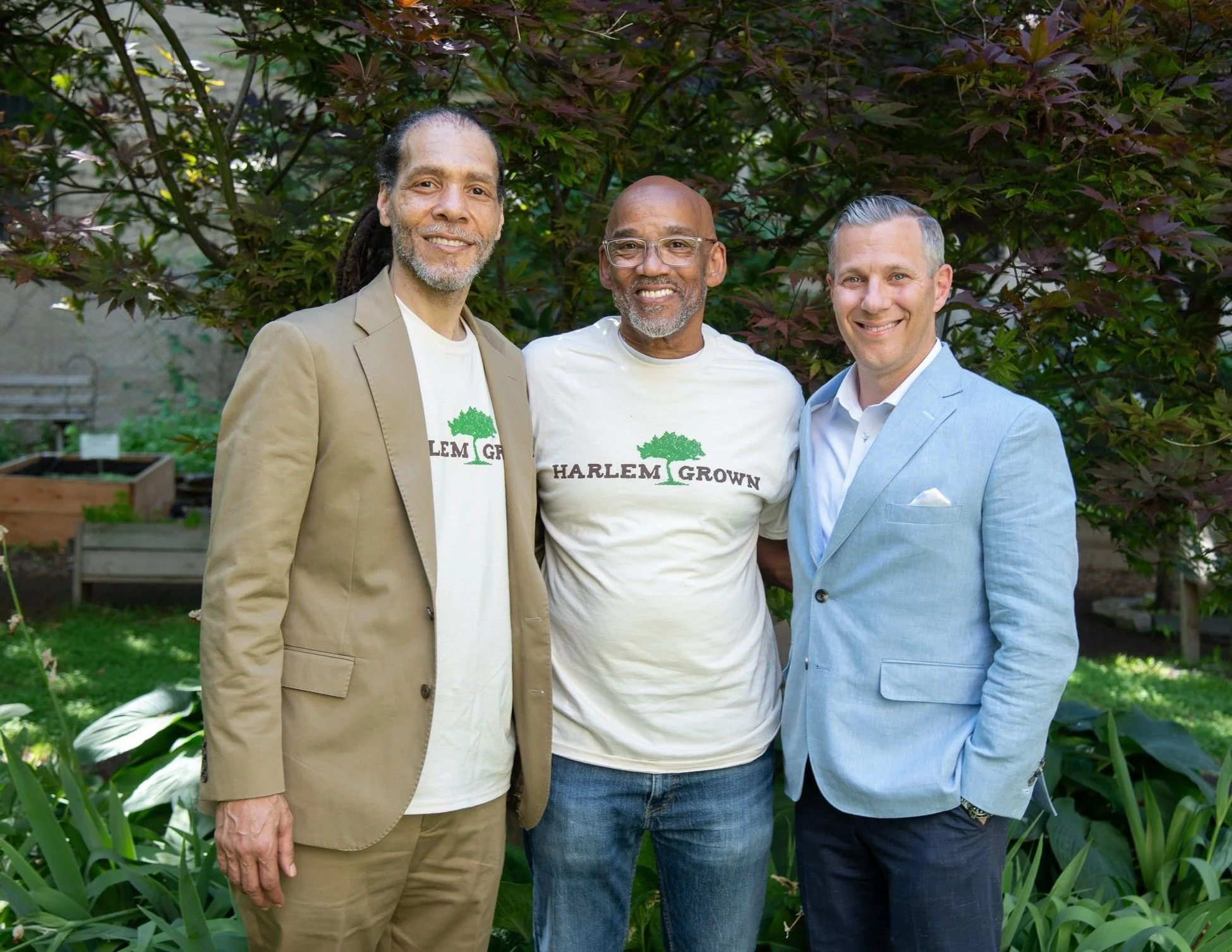 Pictured (L-R): Damion Samuels, Executive Director; Tony Hillery, CEO; Joshua Strugatz, Chair, Harlem Grown Board of Directors