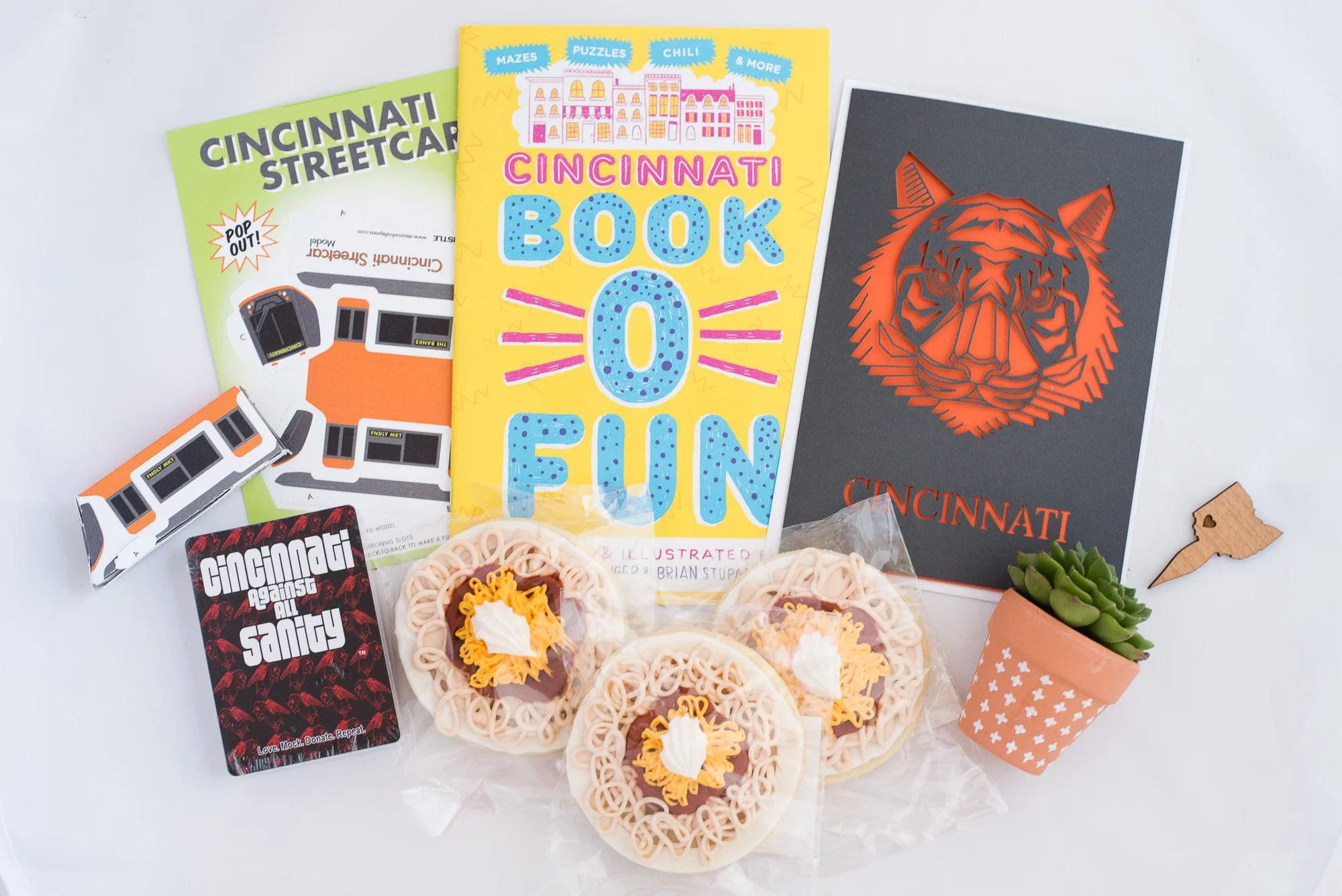 Paper + Petal Care Package Delivery Gift Box Cincinnati Steam Whistle Local Cards Against Humanity Cincinnati Jokes Coloring Book Activity Book Hoosier Sugar Cookie Skyline Lucca Bengals Succulent