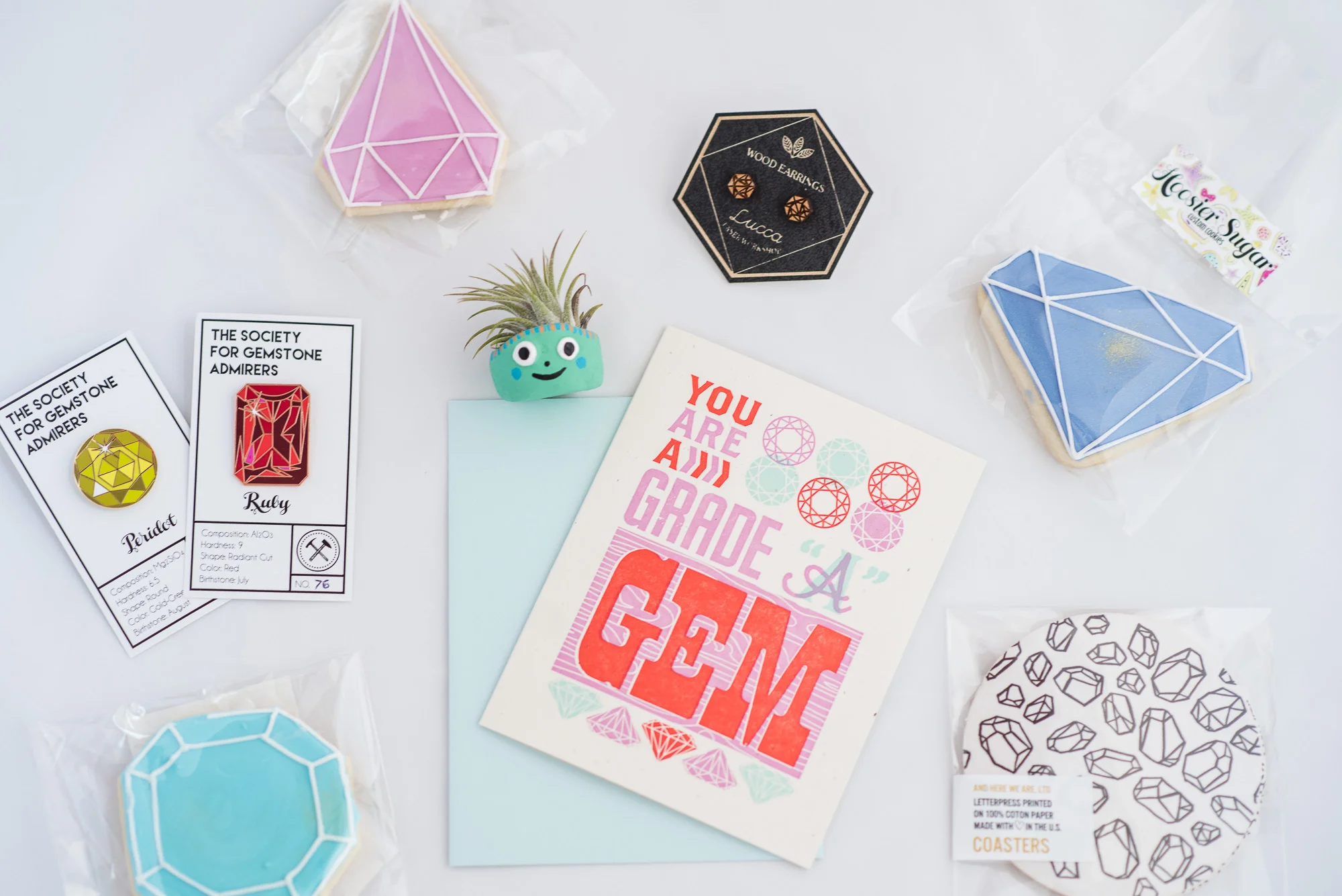 Paper + Petal Care Package Delivery Gift Box Gift for Friend You're a Gem Gemstones Mixie Studio And Here We Are Lucca Laser Workshop Earrings Ruby Enamel Pin Phyllis and Hazel