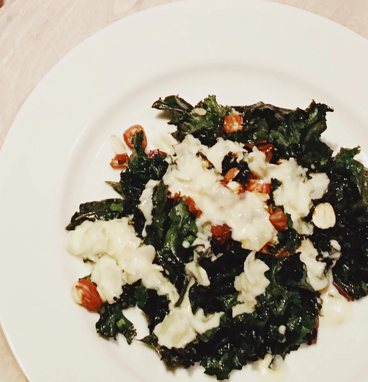 Roasted Kale with Shallot Yogurt Dressing &amp; Toasted Hazelnuts
