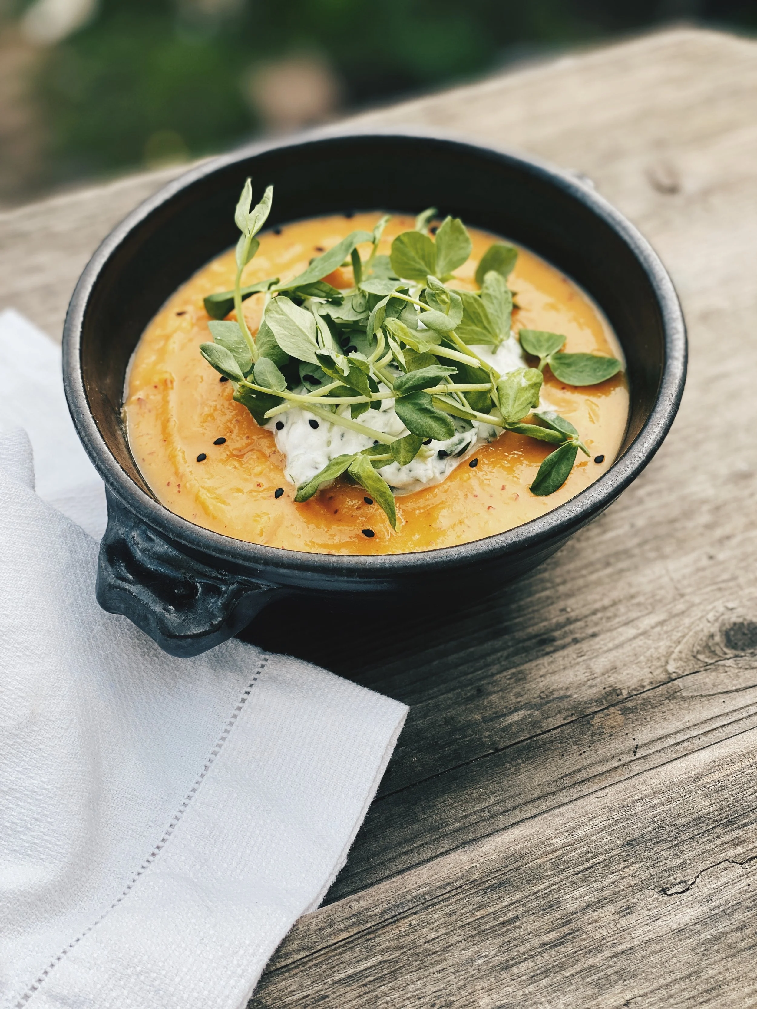 Kabocha Harvest Soup with Cooling Yogurt Sauce + Pea Shoots 