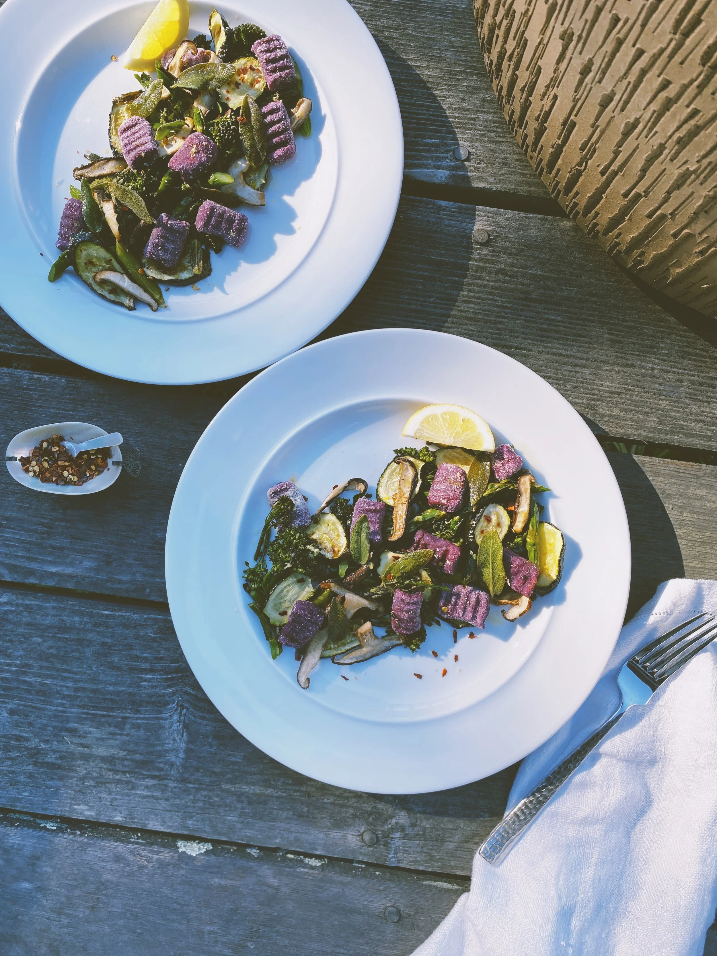 Purple Sweet Potato Gnocchi w/ Roasted Asparagus, Broccolini, Zucchini + Truffled Mushroom &amp; Sage