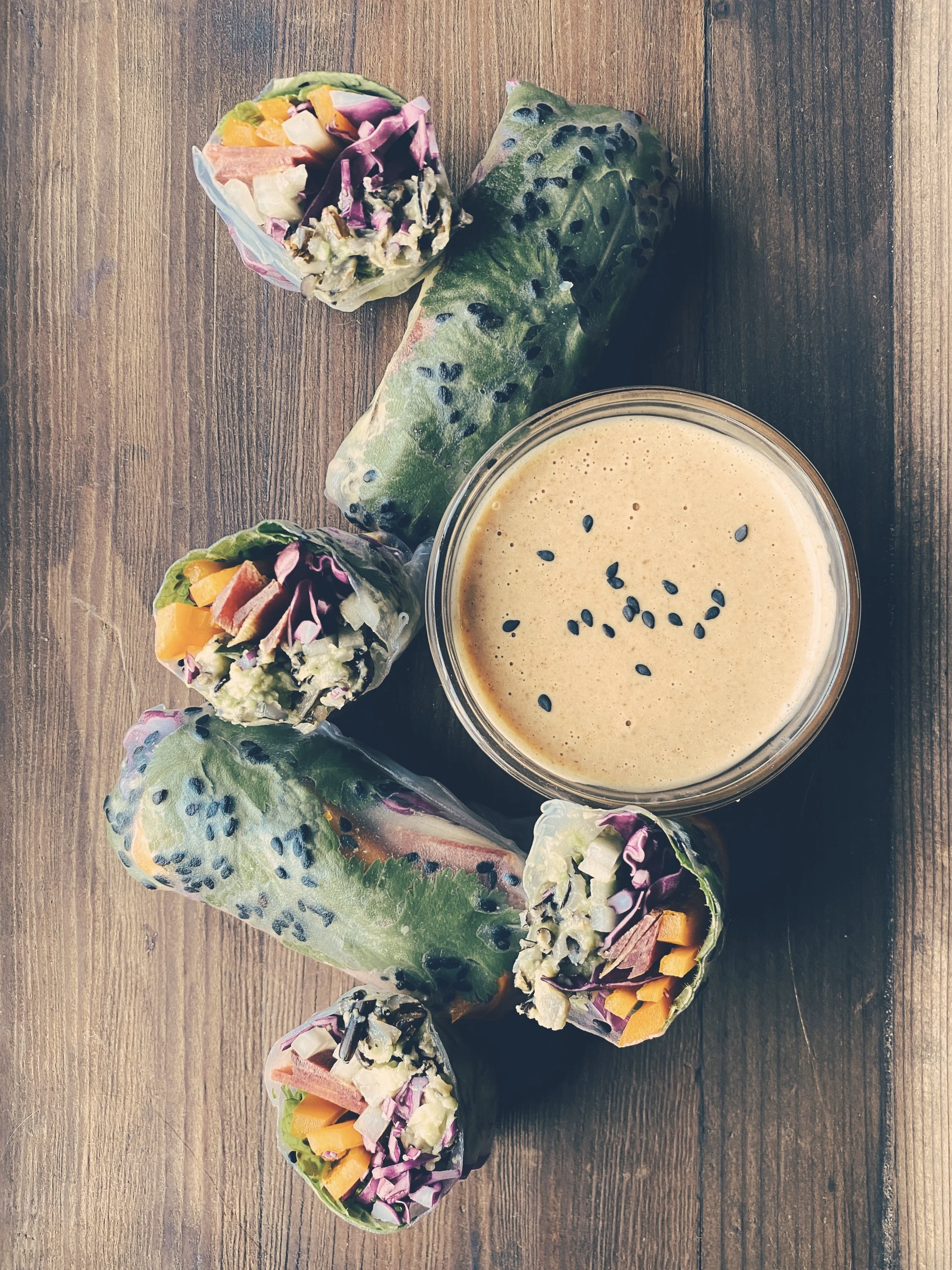 Spring Rolls w/ Sweet + Spicy Almond Sauce