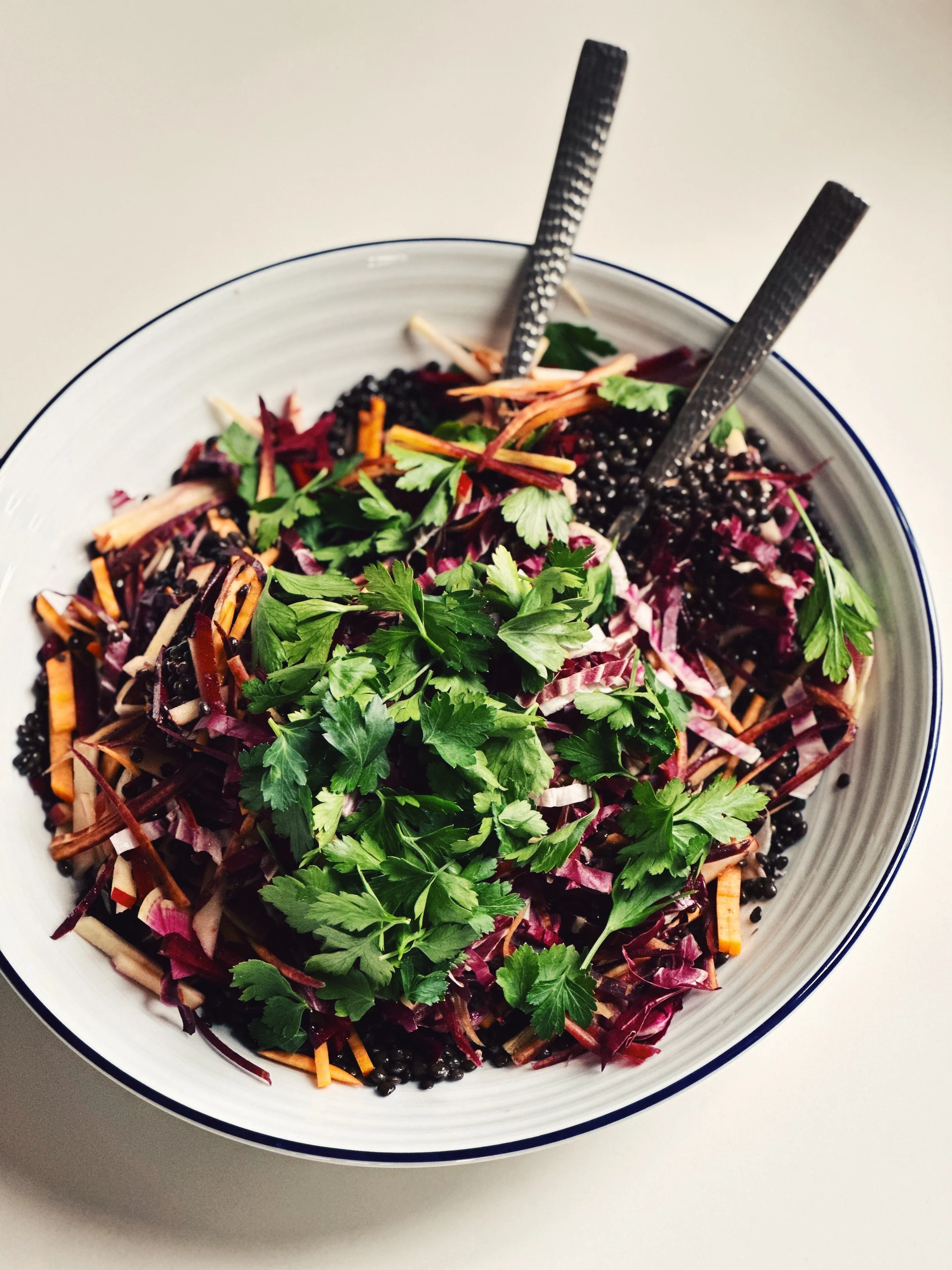 Beluga Lentils w/ Persimmons, Radicchio, Roots, Apple + Herb. Citrus Turmeric Ginger Vinaigrette