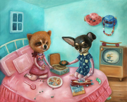 Hukilau Hula, 2017 (oil on canvas) Delilah and Chaggaboom are best friends. They love listening to Hawaian music like "Hukilau Hula" and dressing up in a 1960's pyjama party. Delilah (is a rescue and has only one eye.) She loves cookies and pizza crust. Chaggaboom adores skateboarding and hiding socks in all sorts of unimaginable places. They are both in Heaven now and remembered dearly by their owner Michael Angelo. (This painting went to California. USA)