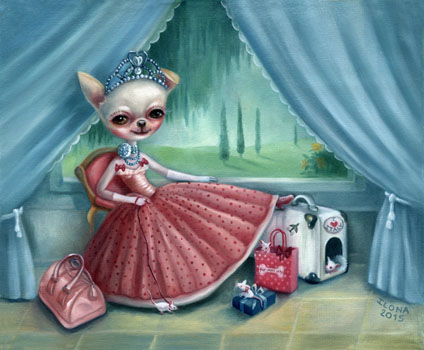 "Tessa, the fashionist" 2015 (oil on canvas) I painted "Tessa, the fashionist" in 2012 for Tessa's human Mom Shifra. Tessa is a beautiful real life Chihuahua model for Haute Couture clothing at a luxury dog boutique. She loves going shopping in Italy for the Italian Haute Couture designs! (This painting went to Canada.)