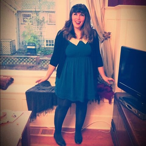 Zooey Deschanel from "New Girl" I didn't actually have bangs so I used a few (dozen) bobby pins and tucked my hair up. Throw on a cute dress with a cardi and you're good to go! 