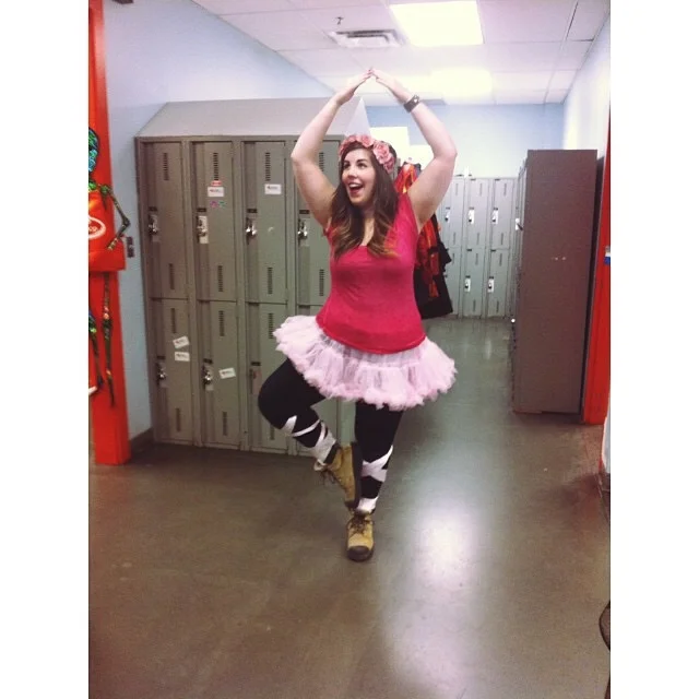 Ballerina If you have to work on Halloween but still want to dress up, this is for you. I found a tutu from Halloween Alley and bought some pink ribbon from the local fabric store and instantly I felt like pirouetting. 