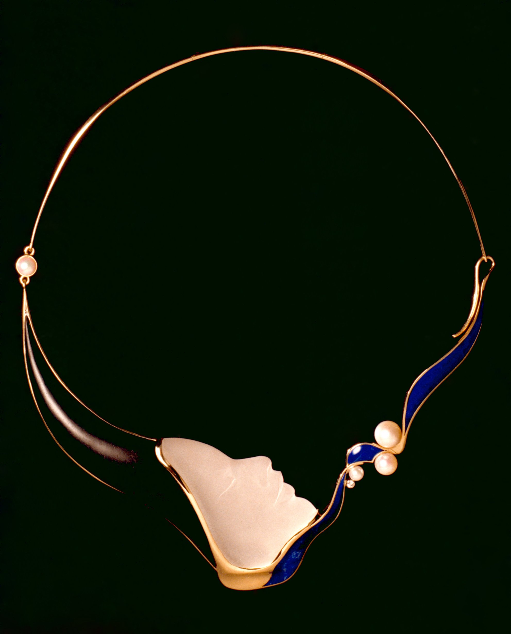 Carved Quartz Profile, ebony, lapis, pearls, diamonds set in 18K gold. Gold work by Terri Reid