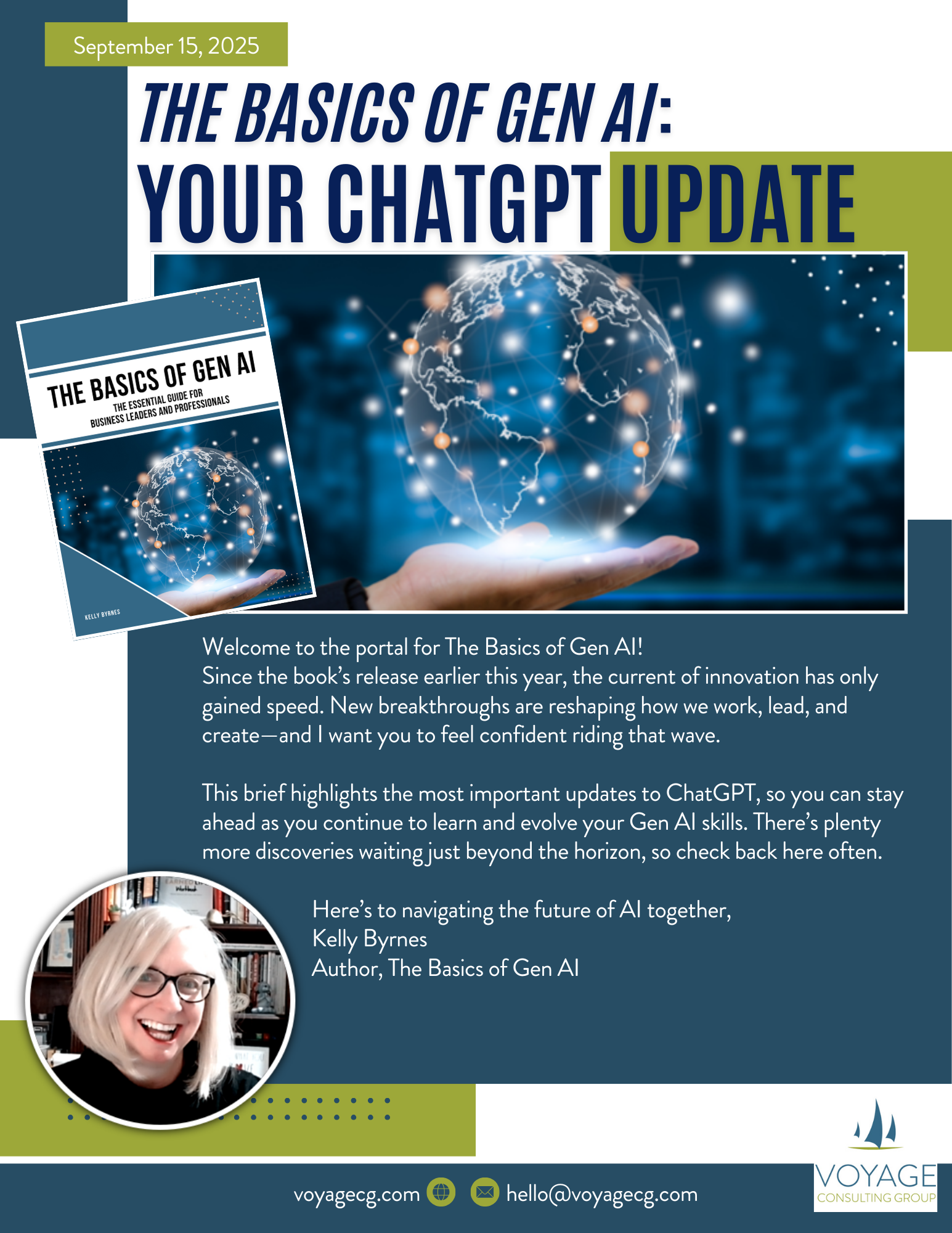 Promotion for a book titled "The Basics of Gen AI" by Kelly Byrnes, featuring a digital globe held in a hand, with a brief introduction and author photo, scheduled for September 15, 2025, from Voyage Consulting Group.