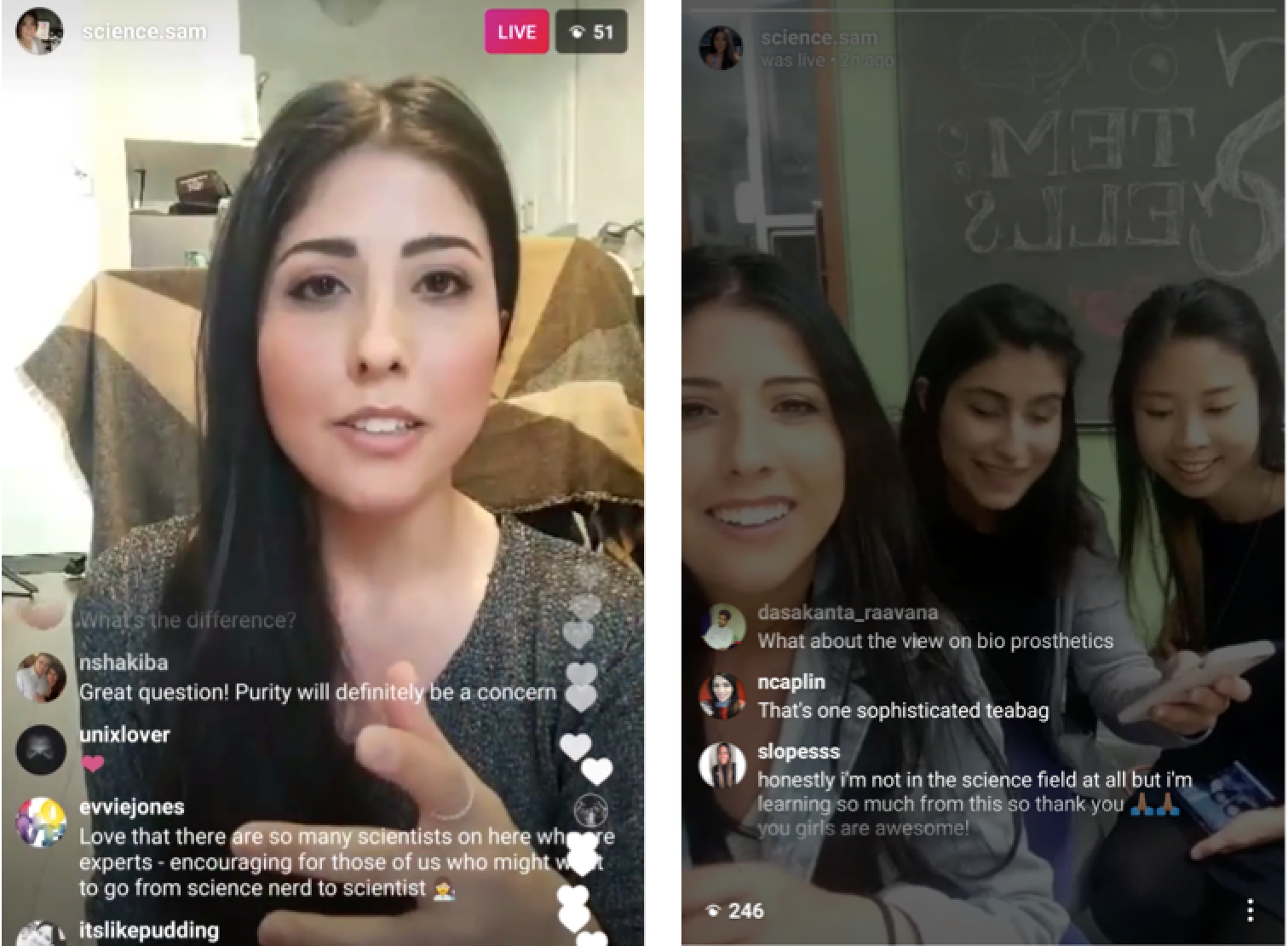Instagram Livestreams explaining a controversial new research paper (left) and latest advancements in stem cell research for #StemCellAwarenessDay (right) 2016, 2017