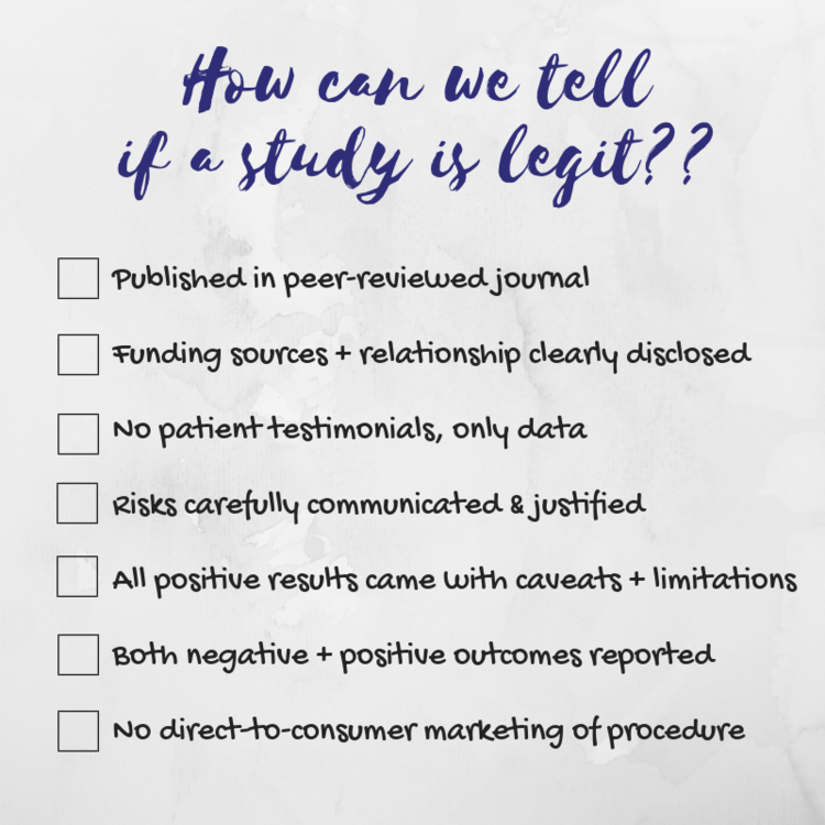 Quick checklist for assessing claims about a specific stem cell procedure, made by Samantha Yammine, PhD. Opinions her own and do not constitute medical advice, please consult your family health team.