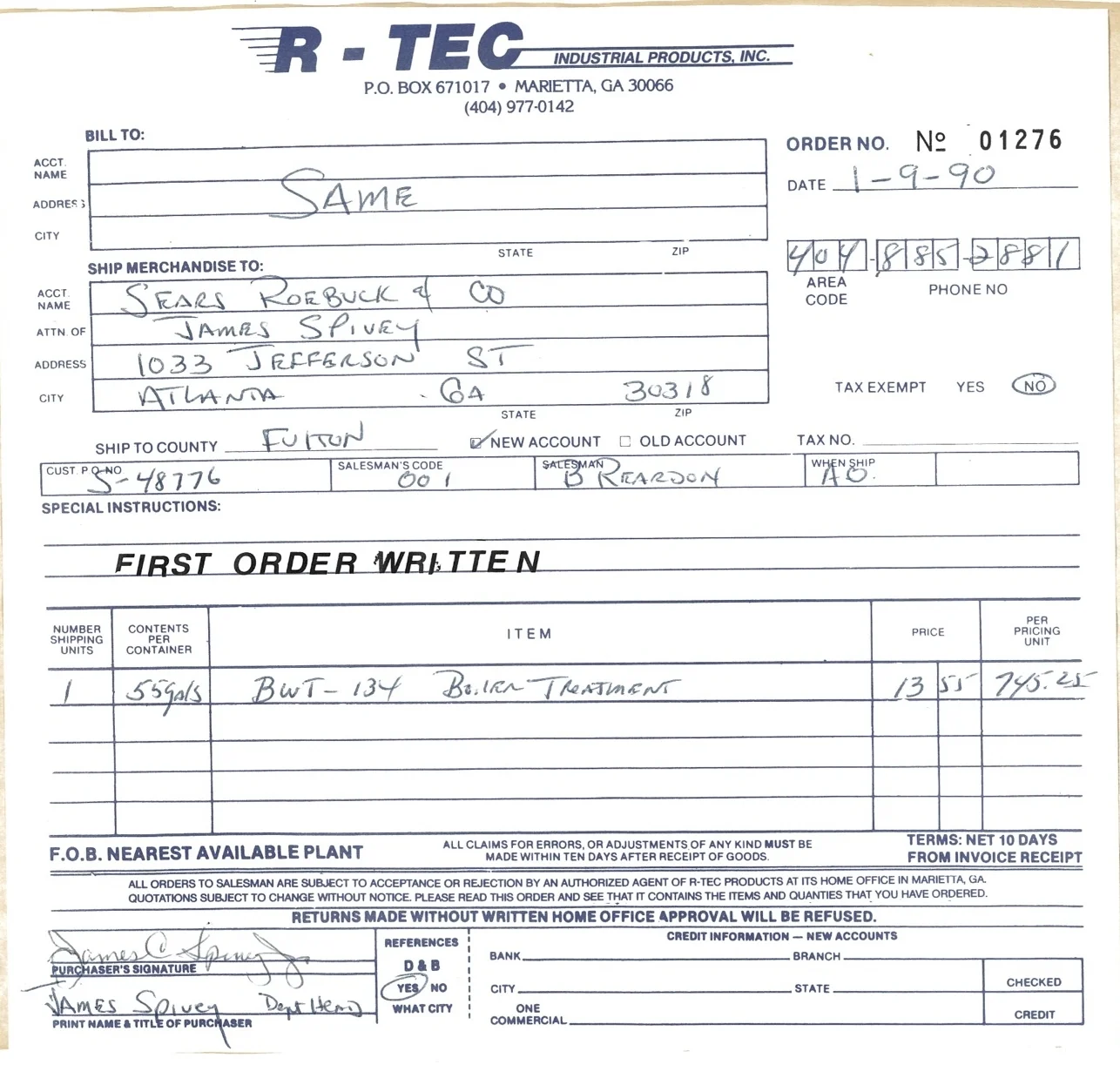 Ri-Tec's First order on january 9th, 1990