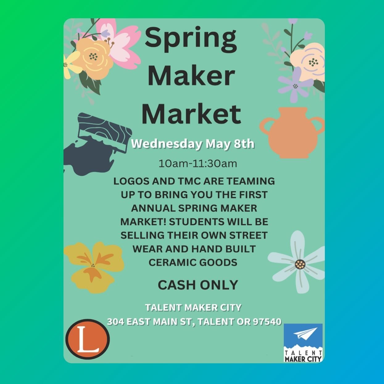 [Spanish Below]
@logospubliccharter and TMC are teaming up to bring you to our annual Maker Market! Students will be selling their own street ware, hand made wooden projects, and hand built ceramic goods. Please join us on May 8th at TMC from 10am-11