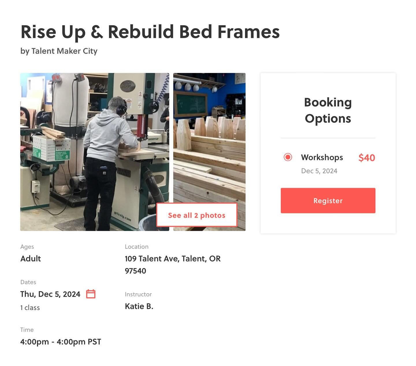 [Espa&ntilde;ol abajo]
Give the Gift of a Bed! This year, consider signing up for our Rise Up Rebuild Bed Making Workshop! During this workshop, participants will build beds that will be donated to individuals affected by the Almeda Fire. This is a f