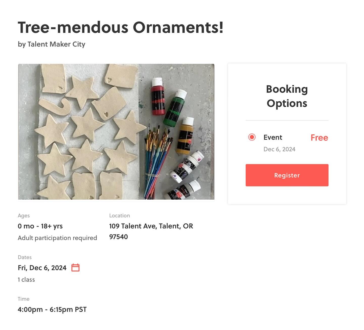 [Espa&ntilde;ol abajo]
Family Holiday Ornament Workshop Announcement
In partnership with Ashland Community Health, we are excited to host a Family Holiday Ornament Workshop! Bring your family to join us in painting your own ceramic and wooden ornamen