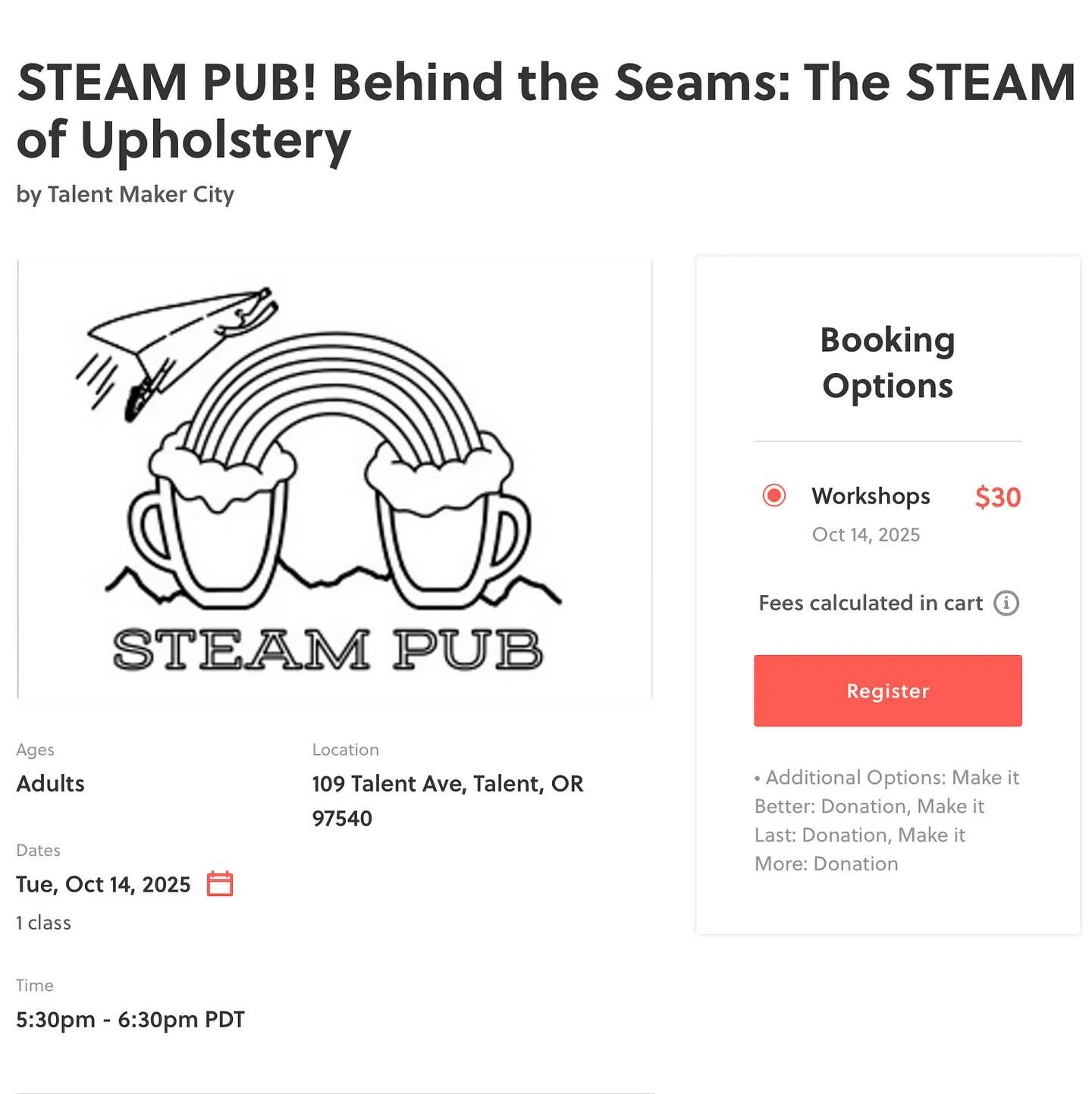 [Espa&ntilde;ol abajo] ✨💙🤩
Are you interested in sustainable DIY projects? 🛋️

Join us for STEAM Pub at Talent Maker City, featuring Farrah Southam of The Re-Covery Upholstery Shop and Mandy Szigethy of Rose City Upholstery to learn about giving f
