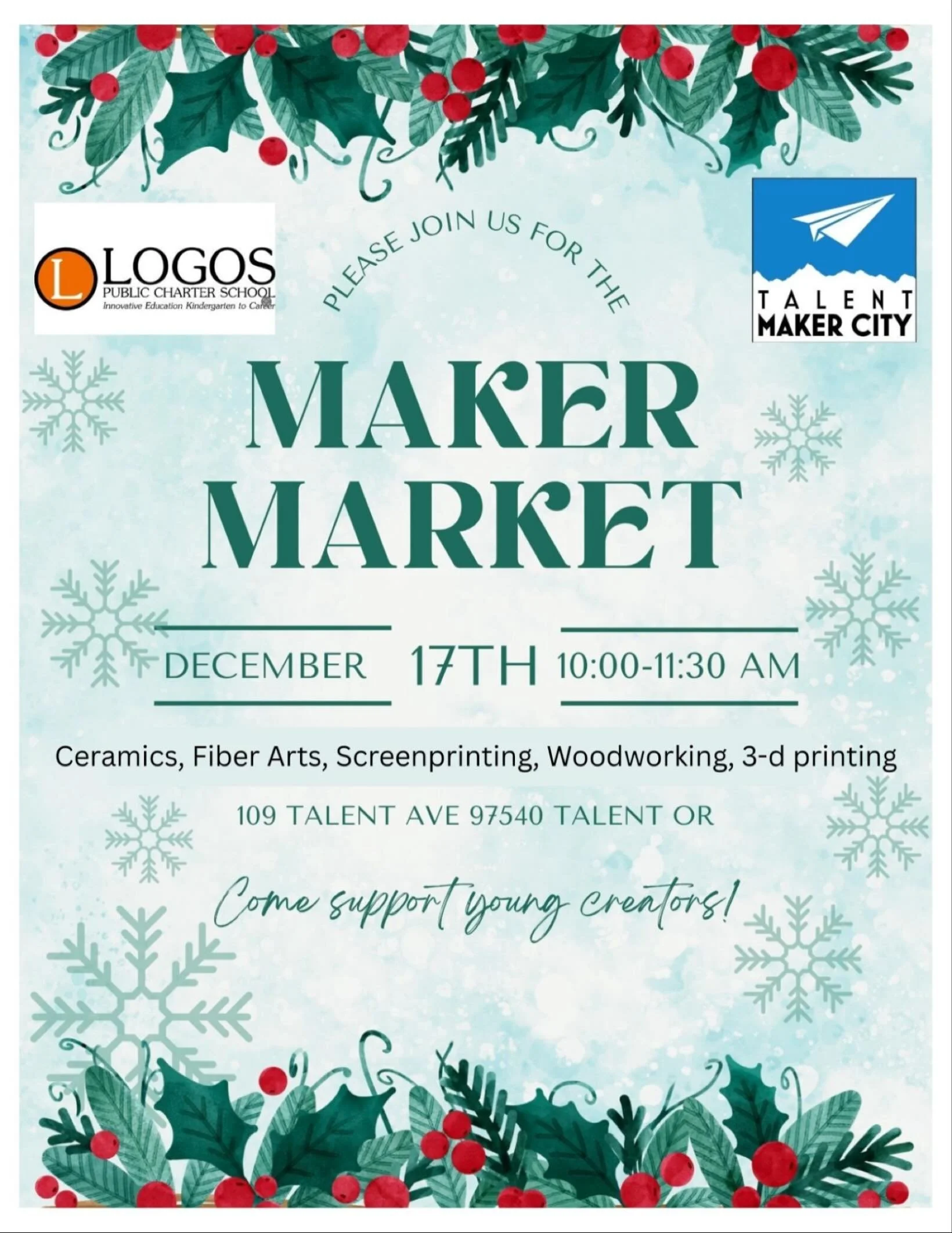 [Espa&ntilde;ol abajo]
LOGOS and TMC are thrilled to present our annual Winter Maker Market! Students will showcase and sell their unique creations, including screen-printed items, handcrafted wooden products, and hand-built ceramics. We invite you t