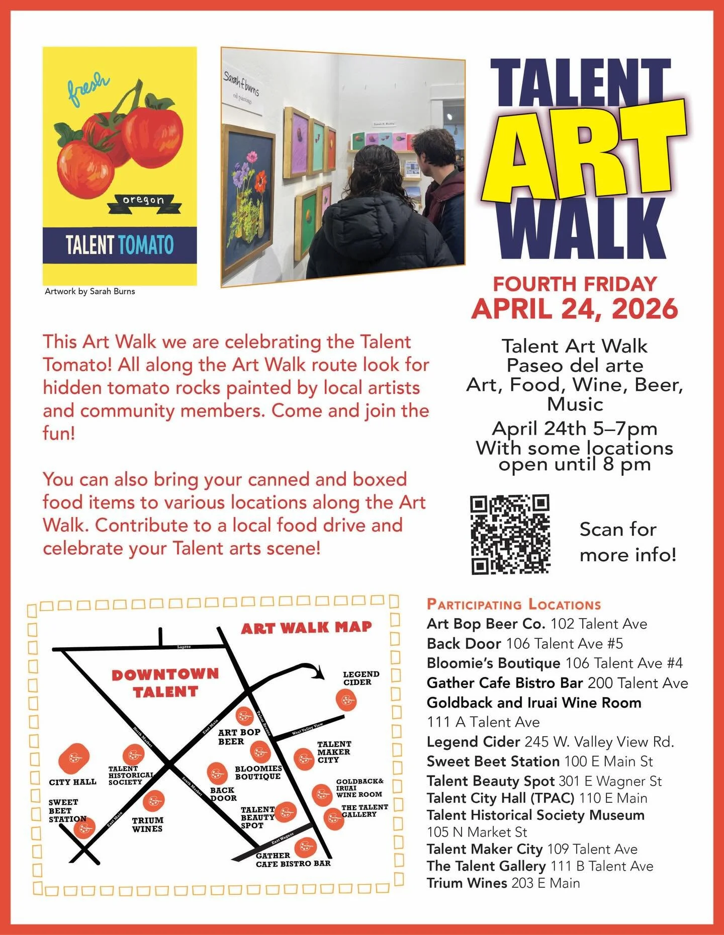 [Espa&ntilde;ol en los comentarios] ✨💙🤩
Talent Art Walk is around the corner! Come join us in our Talented little city for this quarterly art event. This Art walk we are celebrating spring and the Talent Tomato! Did you know Talent has its very own