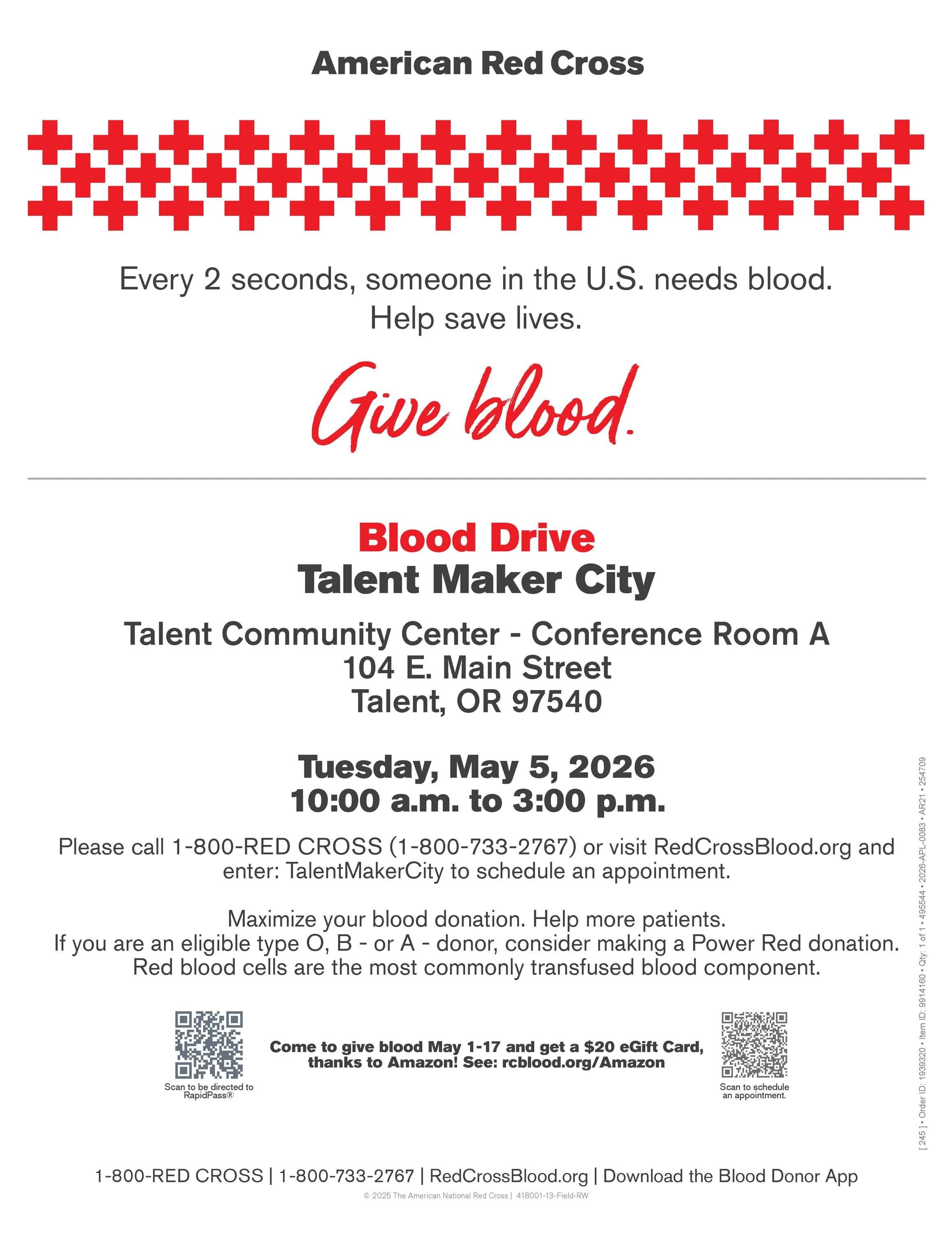 [Espa&ntilde;ol abajo] ✨💙🤩❤️
Roll up your sleeves and make A-Positive impact!  Join us at the Talent Community Center on May 5th from 10am-3pm for a blood drive!  All donors are eligible for a $20 Amazon gift certificate.  AND, because blood donors