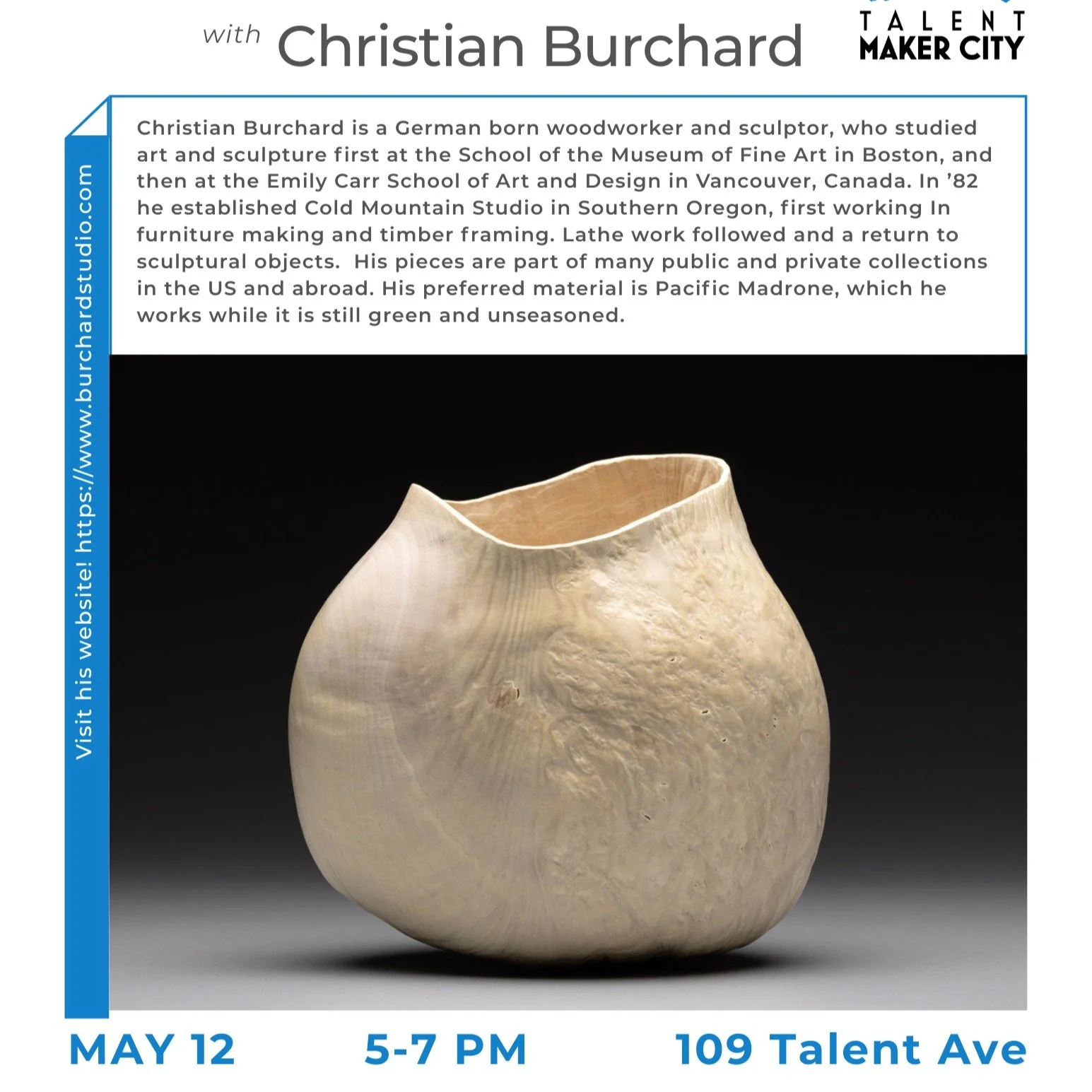 Join us Tuesday, May 12th for a special evening with world-renowned artist Christian Burchard as he demonstrates his wet woodturning techniques. Christian will guide us through his process, sharing insights into his craft and approach. The evening wi