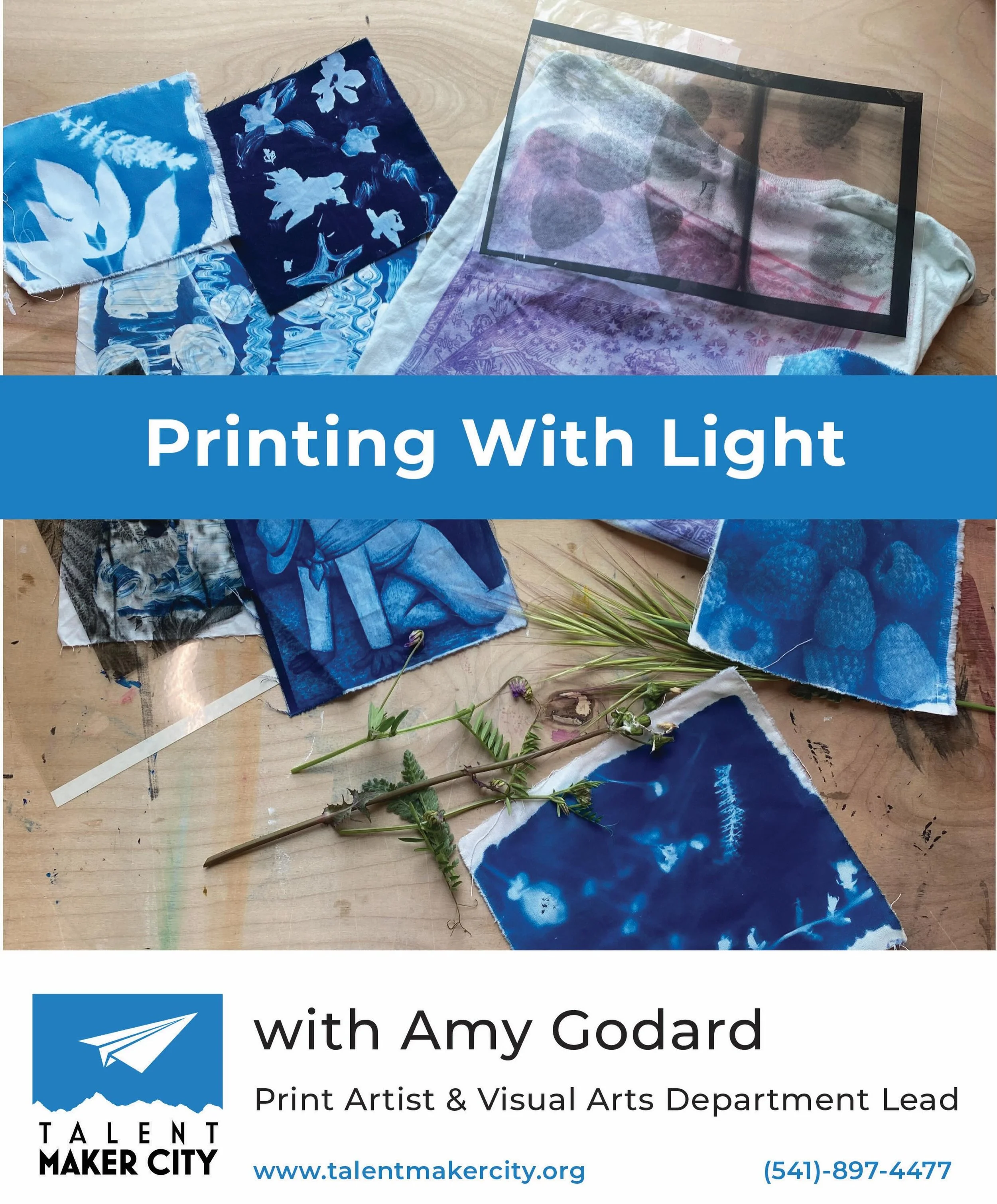 [Espa&ntilde;ol abajo] ✨💙🤩
Create art you can wear in this fun, hands-on 3-hour workshop using SolarFast dye and the power of sunlight! ☀️🎨 Students will explore a process similar to cyanotypes by using photo negatives, plants, and found objects t