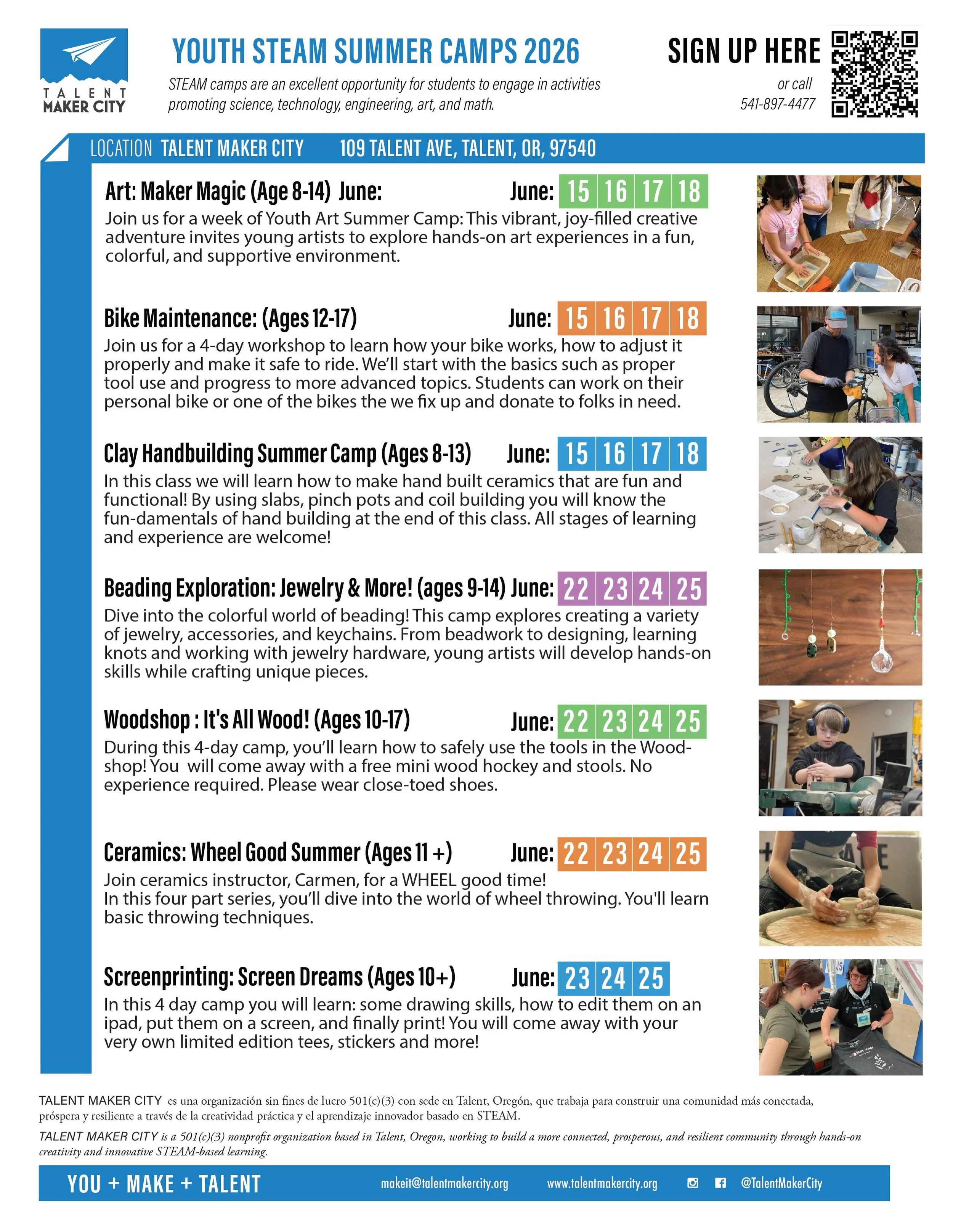 [Espa&ntilde;ol abajo] ✨💙🤩
Please join us for our Talent Maker City Youth Camps starting June 15th! 🌟
This summer, students will have the opportunity to dive deep into hands-on learning and creativity through a variety of exciting camps, including