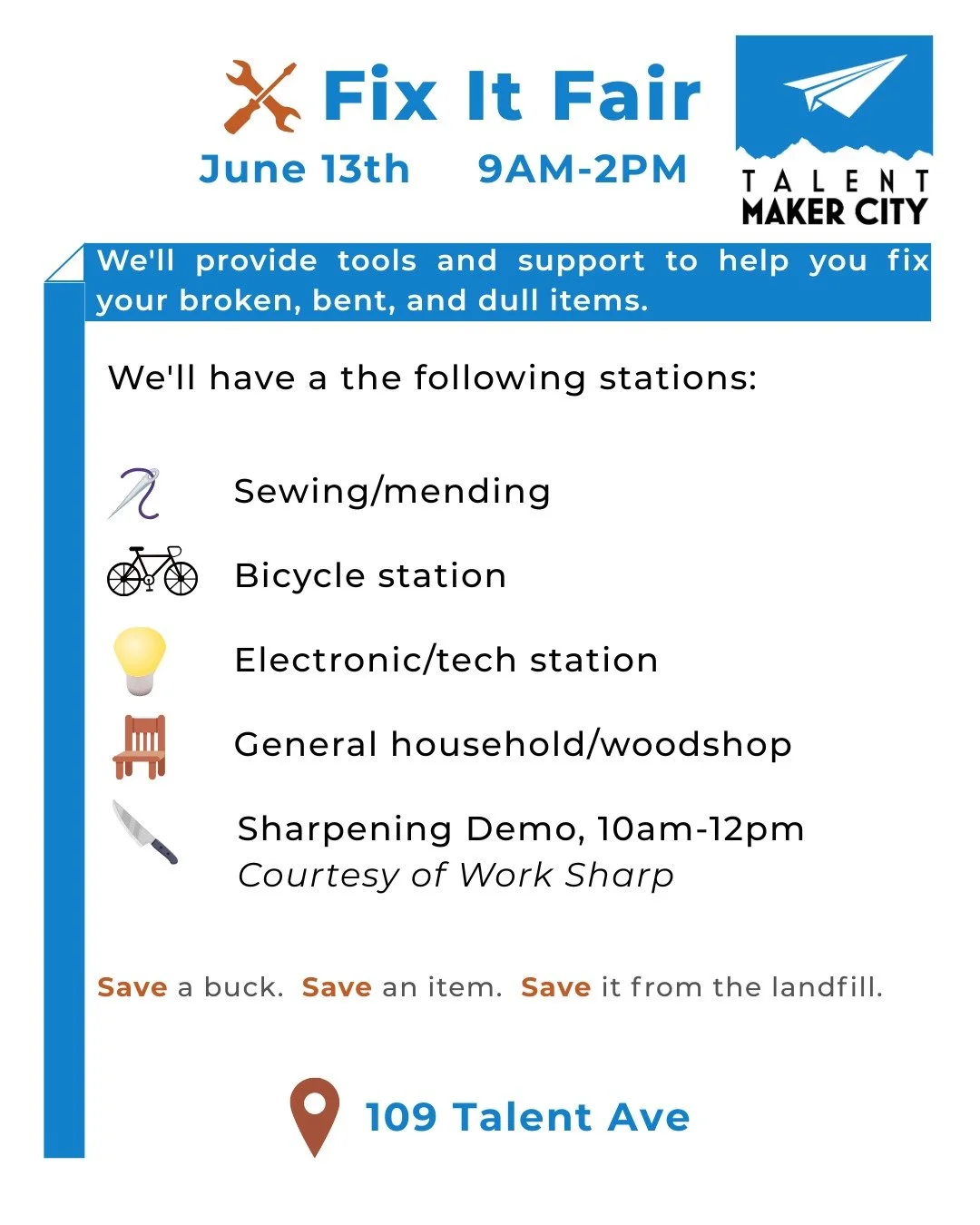 [Espa&ntilde;ol abajo] ✨💙🤩
Join us June 13th from 9am-2pm at the makerspace as we bring back the Fix It Fair!&nbsp; We'll provide tools and support to help you fix your broken, bent, and dull items.&nbsp; We'll have a the following stations:
&bull;