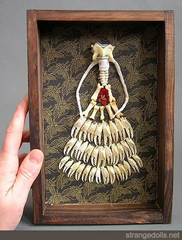 This full dressed lady is made from the bones from turkey, coyote, and crab. It is mounted in a wooden box that is 8X12".