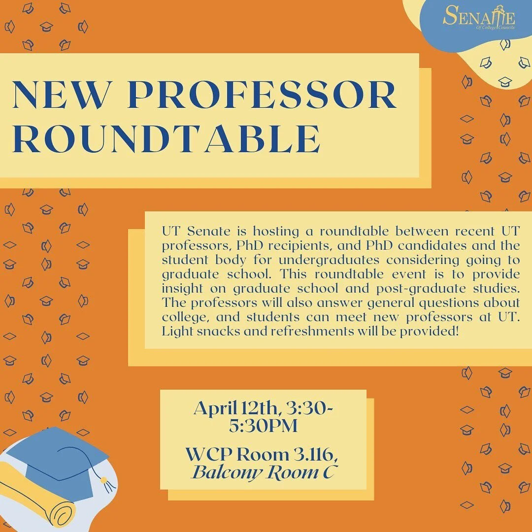 Are you interested in getting to know your professors better? Do you have questions about grad school or postgraduate studies? Come stop by on Wednesday, April 12th to discuss any questions or talk to professors at a roundtable event. Light snacks an