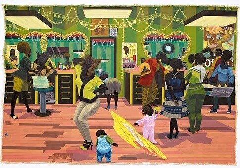 This is my favorite Kerry James Marshall painting School of Beauty, School of Culture 2012. I love how it references (at least to my eye) Hans Holbein&rsquo;s 1533 painting The Ambassadors with its anamorphosis skull. #elevatemelenatedvoices (I want 