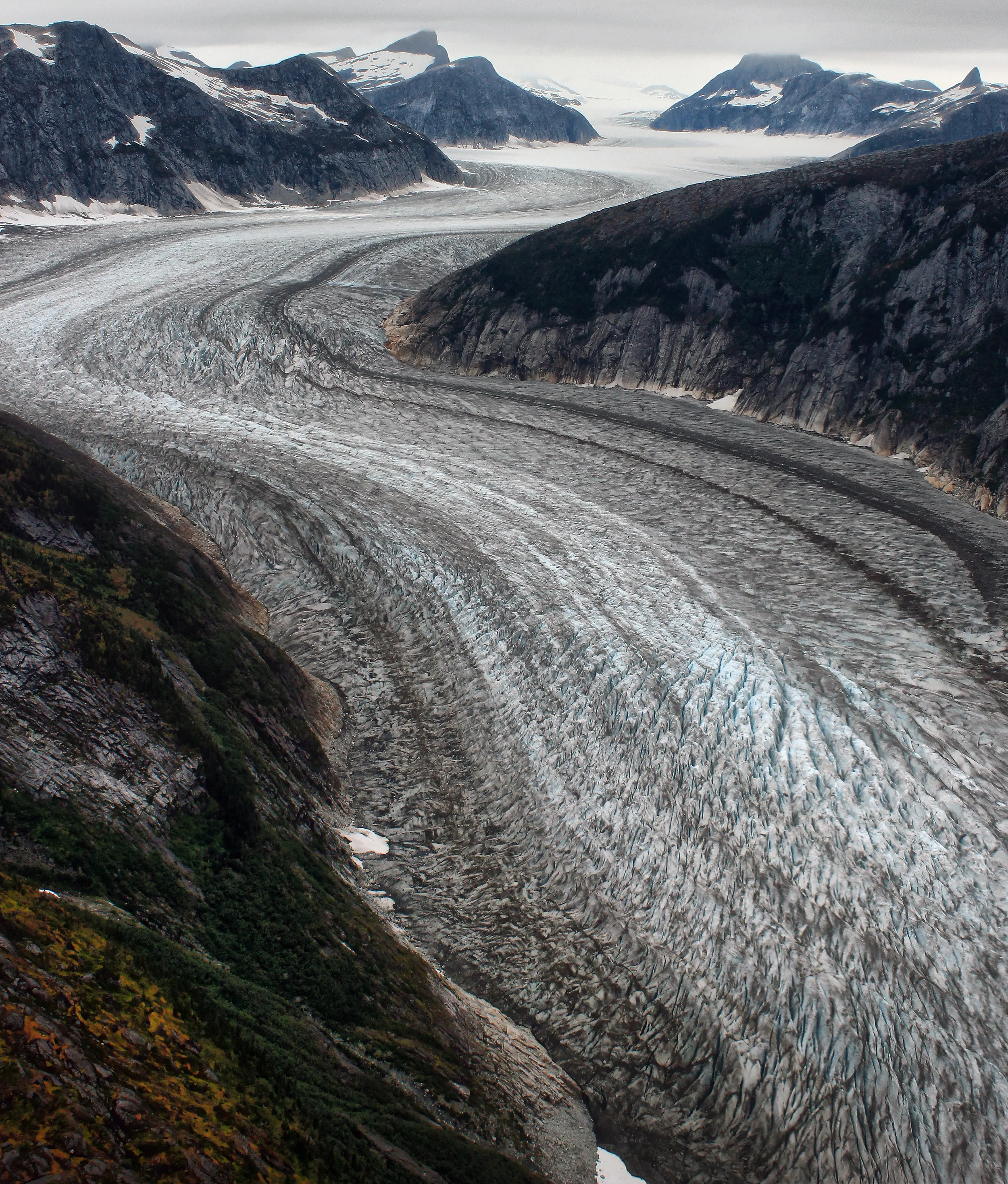Lateral moraines on a glacier emerging from the Juneau Icefield