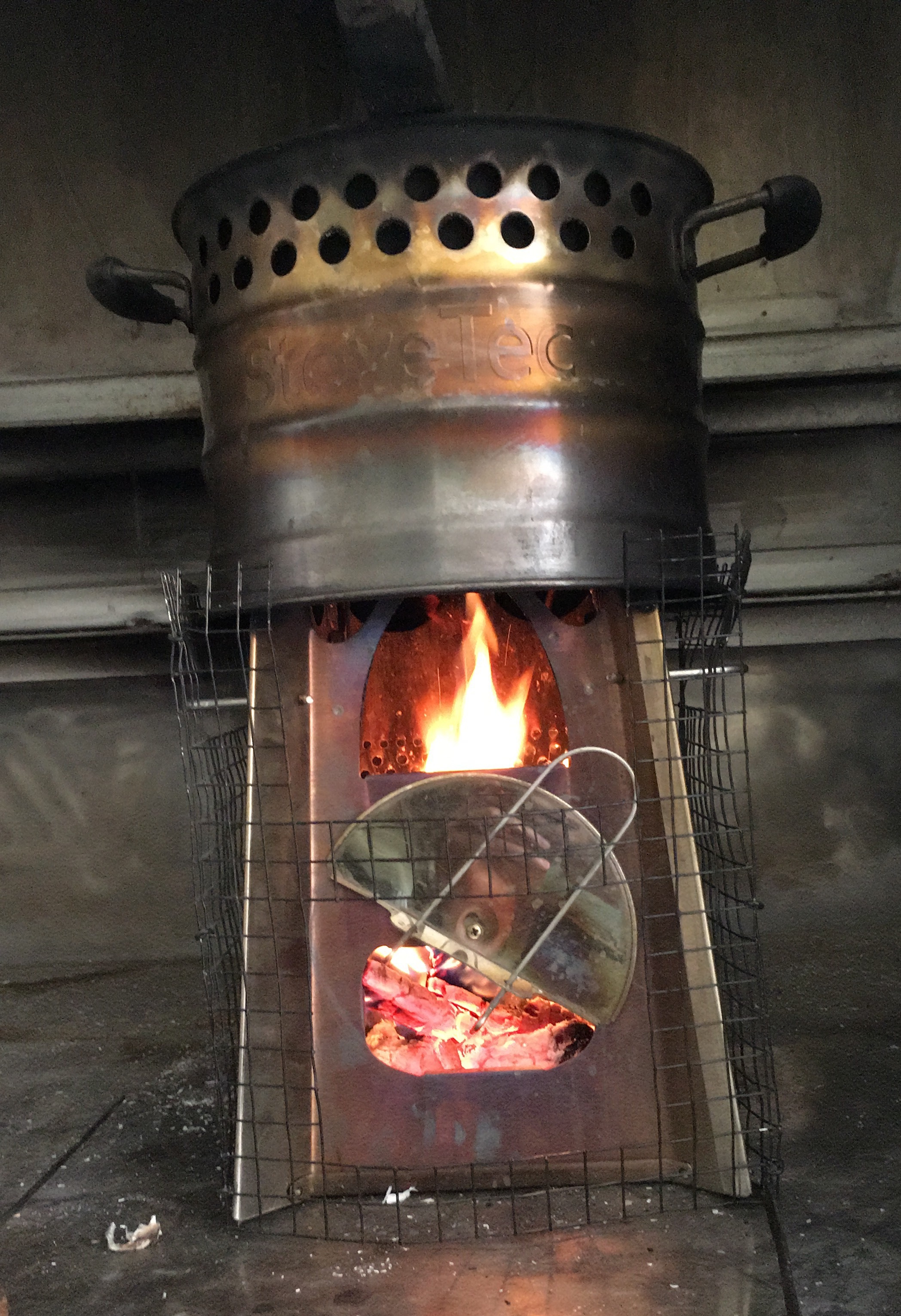 Ganesha cookstove during formal third-party testing, with StoveTec pot from Aprovecho
