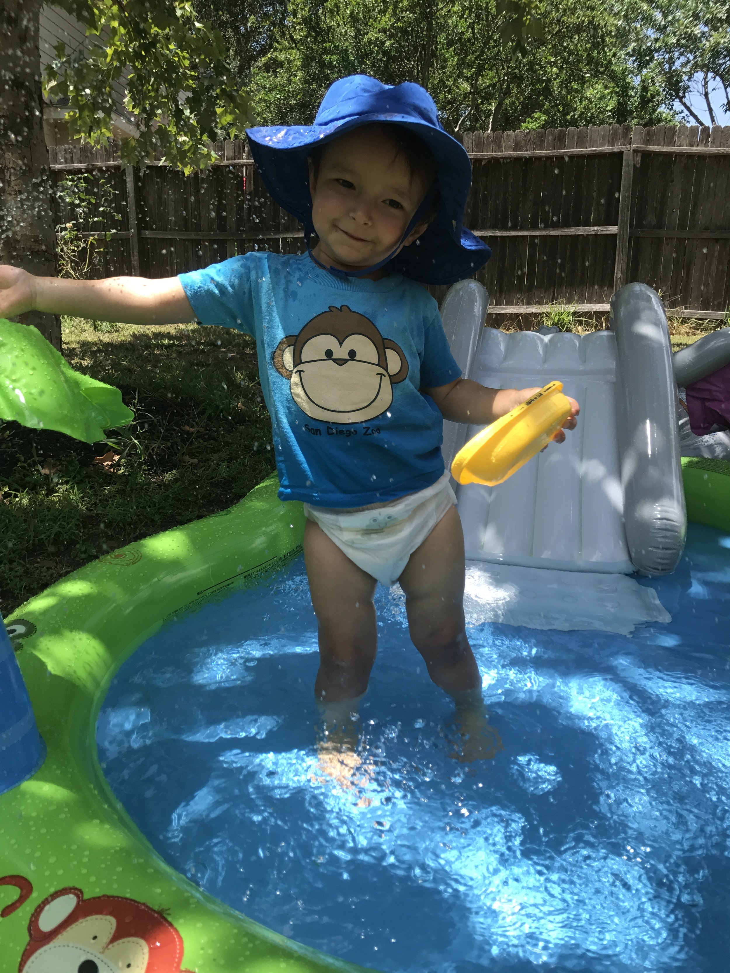Yes he is wearing a swim diaper and not swim trunks. He is 1. If that's tacky, then so be it. 