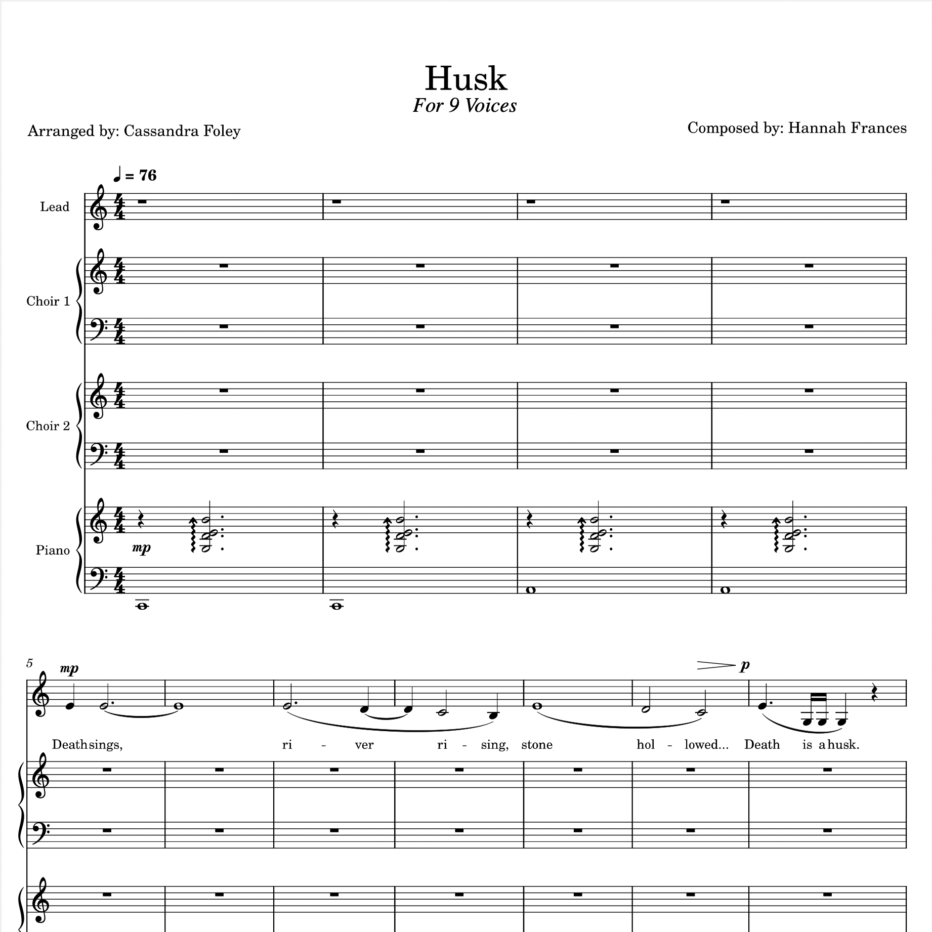 Husk for 9 Voices: Choral Sheet Music + Guitar TAB
