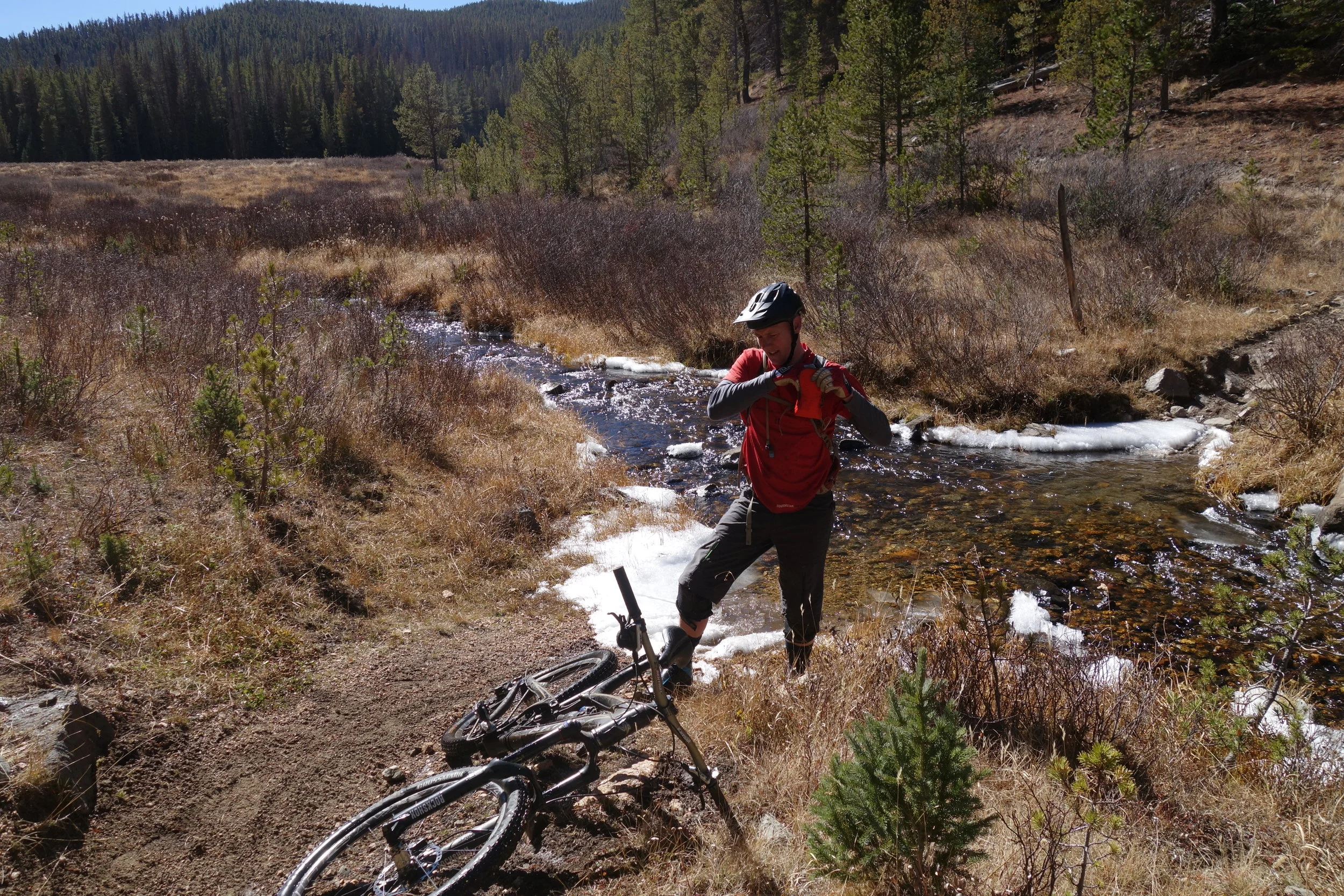 Stefan coped remarkably well considering he rides a 26" wheeled bike.Check out that ice. We were riding ice puddles that broke up as we crossed them. Hey Stefan...look how many pics you get with no hanky on your head. (If he gets skin cancer I'm really in the poo).