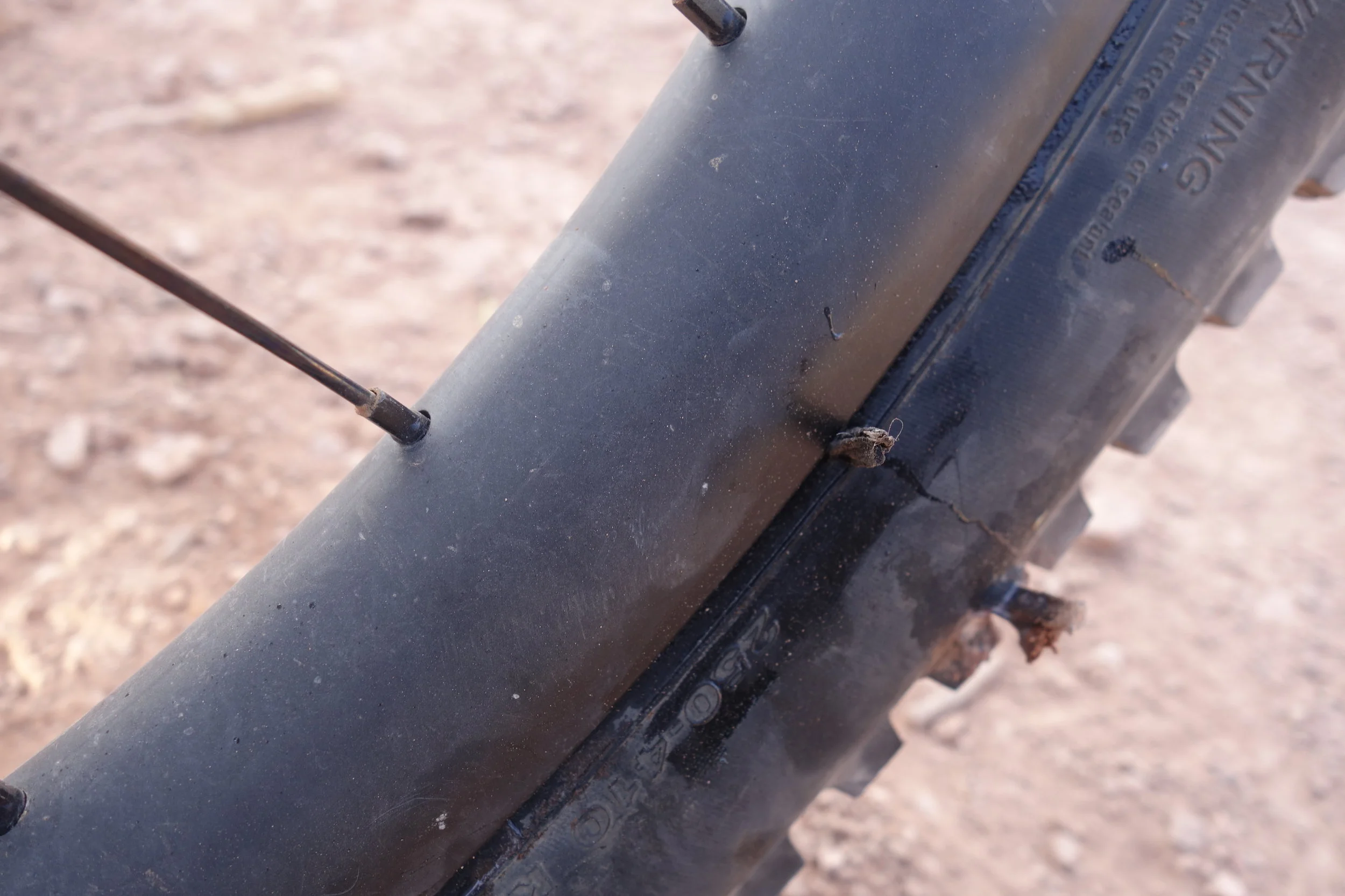 Tubeless version of a snake bite. Thankfully I'm a dab hand at tyre plugging. It kept going soft but damned if i was going to put a tube in. Turns out there was a third hole I hadn't seen. Flite rims still good as gold.
