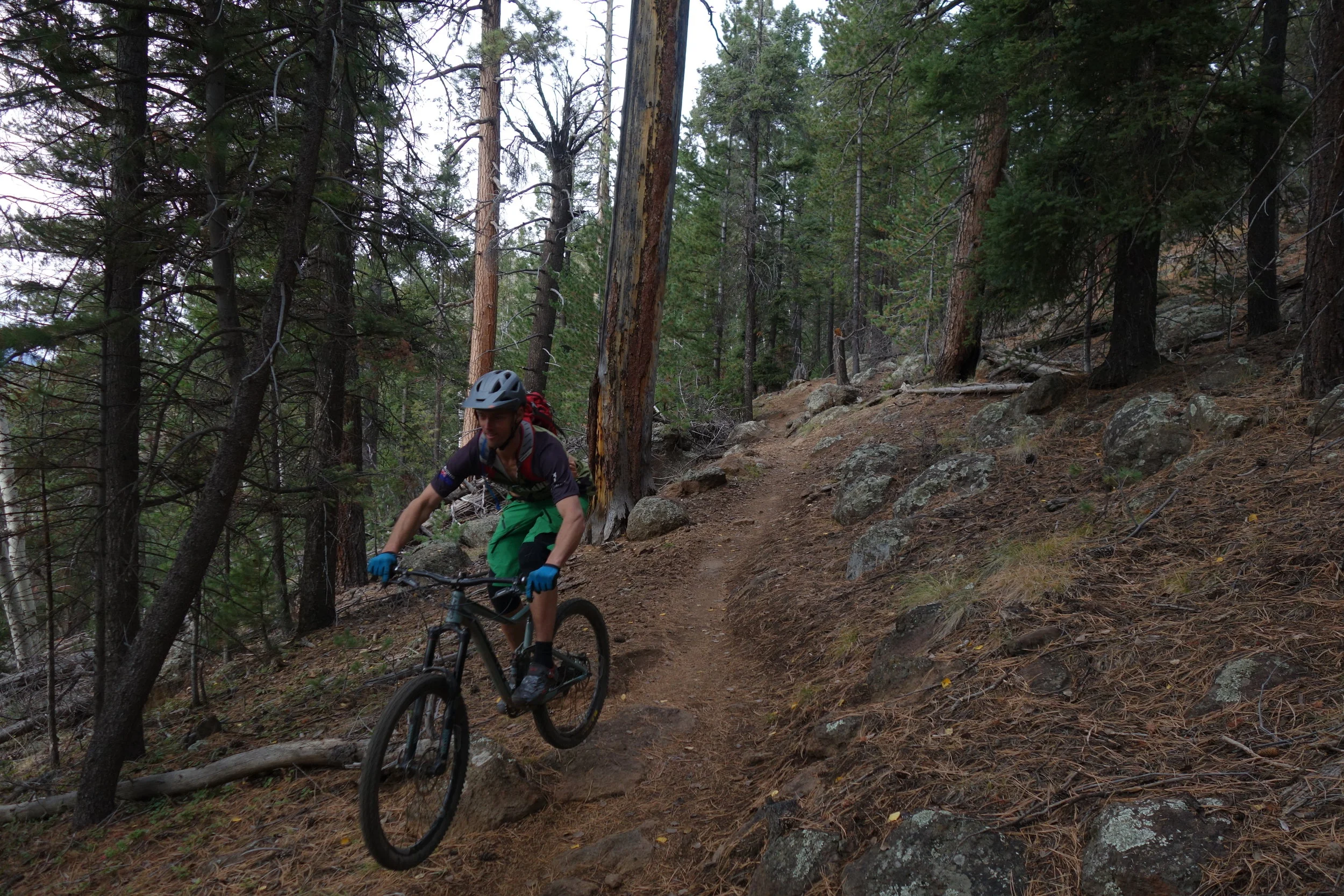 The second descent was amazing. Tim happy as larry on the fast and swooping with random rocks to pop and jagged teeth to crush your rims...as Jeff found out just up the trail a bit.