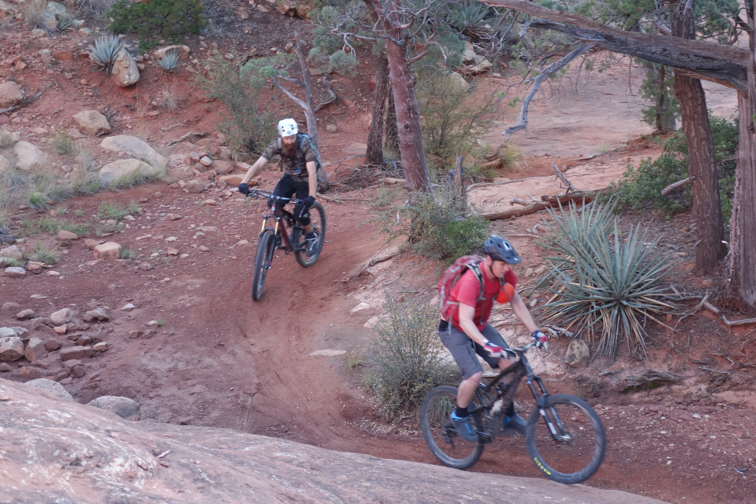 Stefan and Simon cruising up the sometimes very steep slickrock moving too fast for the wrong setting on my point and shoot camera. (yes, I know I need to sort that out).