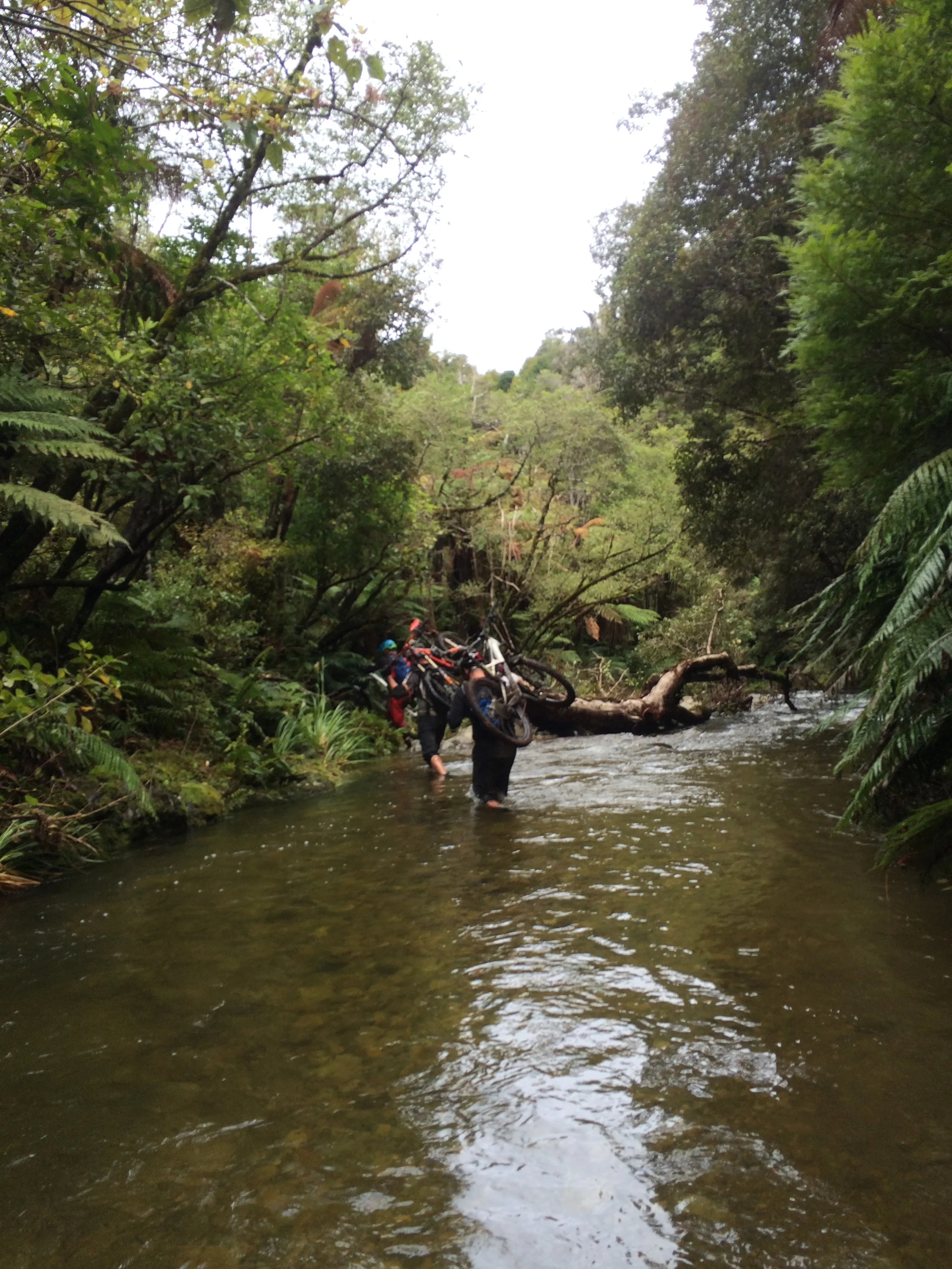 Phil Judge, Ruben Peterson and Martin Chandler crossing the usually ankle deep Dopers creek.