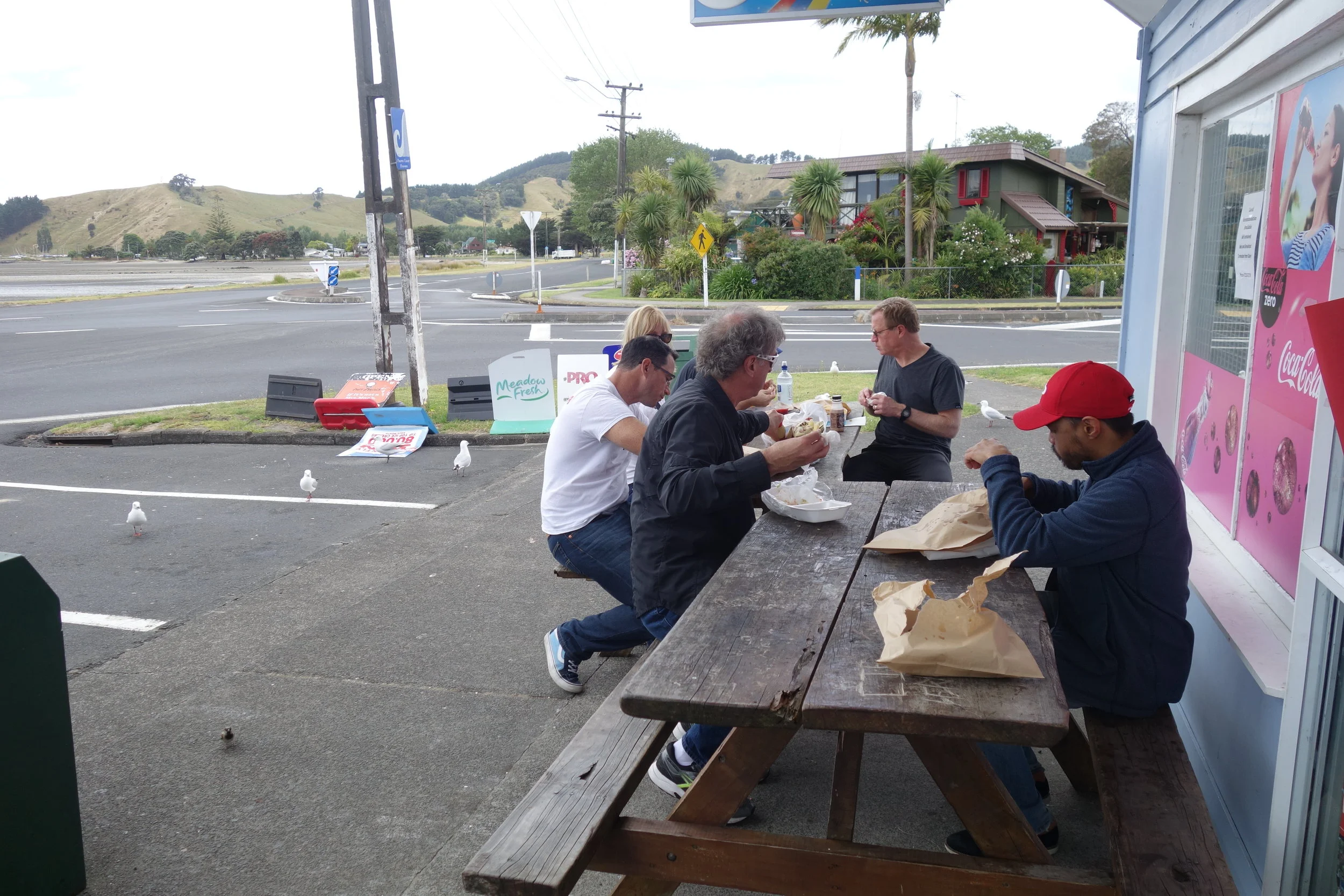 The Ninja teams first real Kiwi experience...A corner dairy, fish 'n' chips and seagulls at the beach.