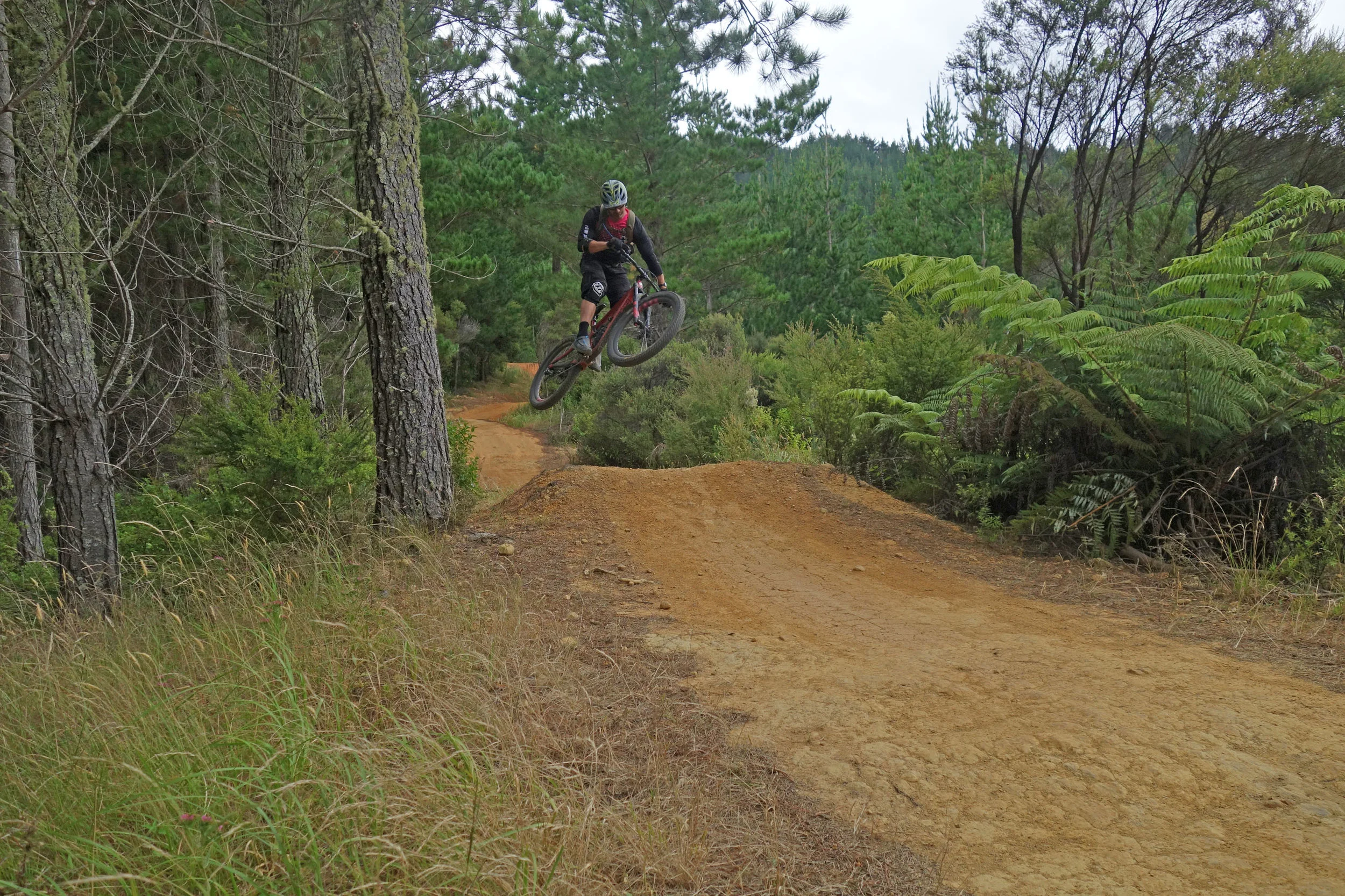 Probably my favourite jump in the park. A high speed step up gap jump (that lump there is the landing. Hi Viz trail.