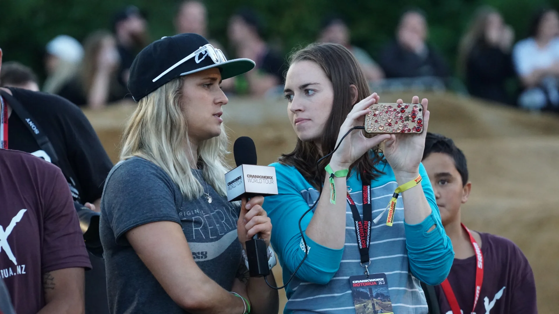 Micayla Gato, presenter and Challenge Enduro winner. And Jenha White from Shine PR, the Crankworx promotions company. photo: Jeff Carter