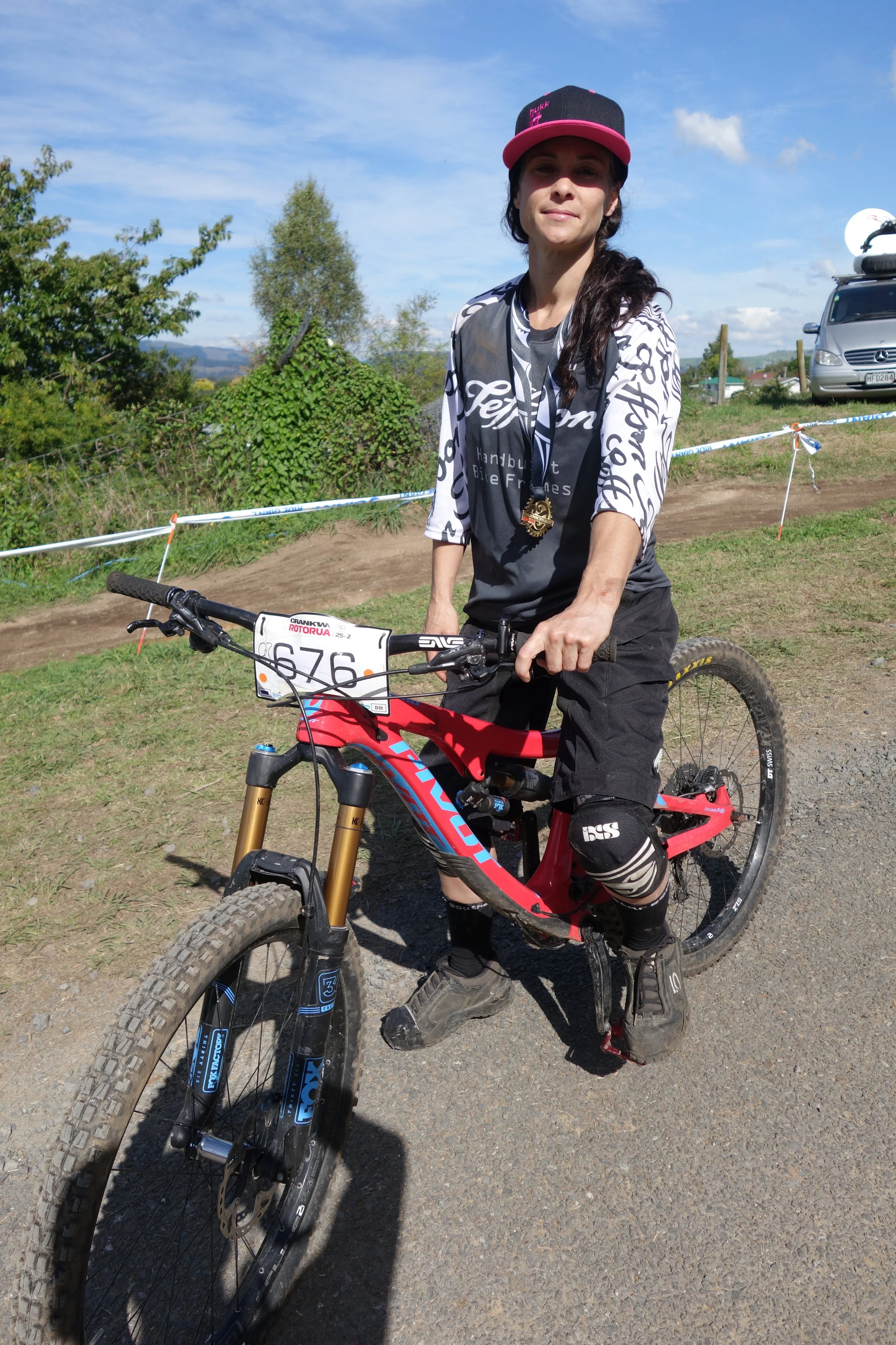 Southstar Shuttles bus driver Sarah Fox coming down off the hill after winning her DH race. Pumped she was.