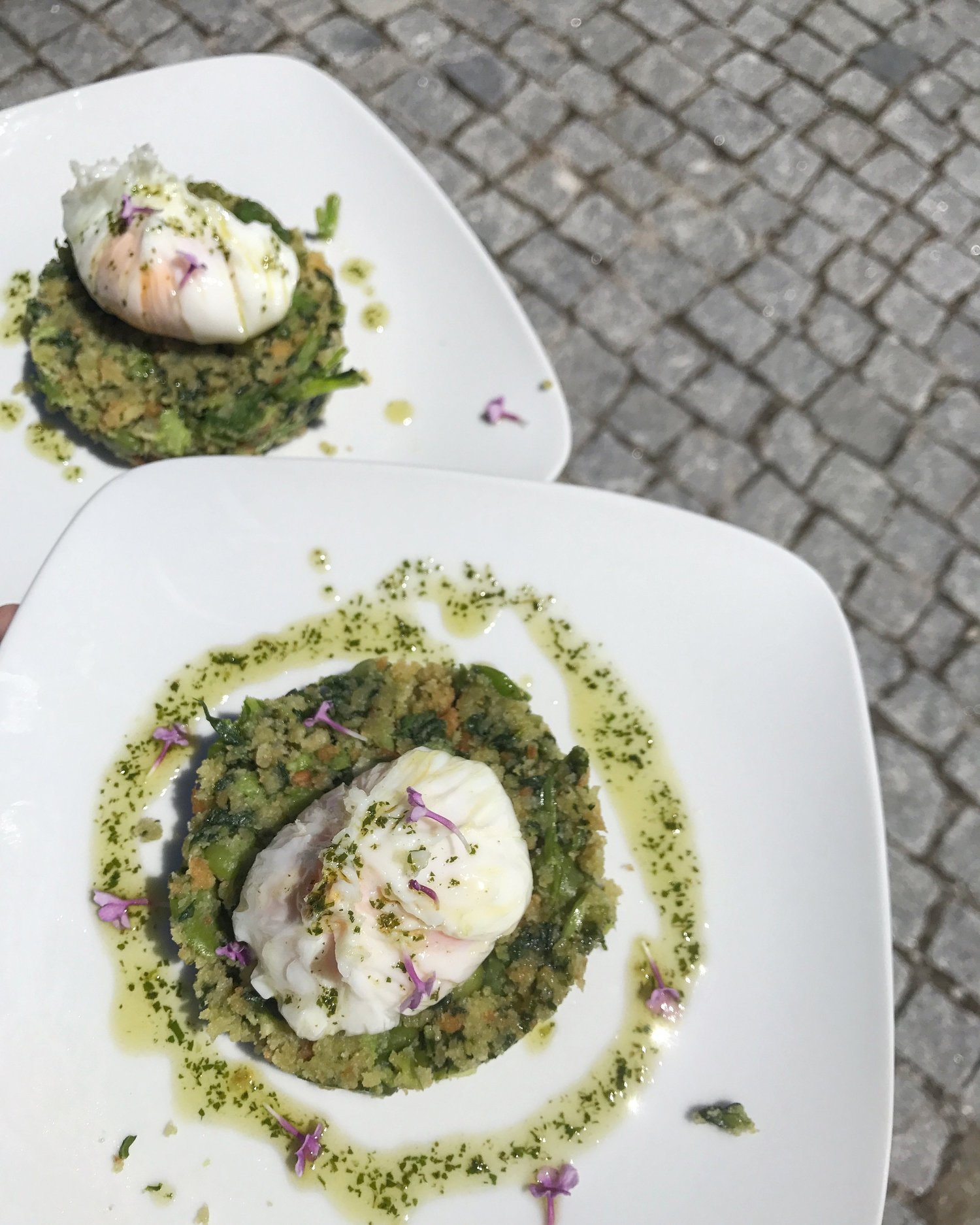  For the vegetarians out there, bread-fava beans-turnip green  migas , soft-poached egg, herbed olive oil. 