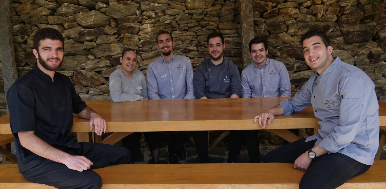  From left: Assistant Chef Marco Vaz, Dining Room Manager Mafalda Cardoso, Server Gonçalo Cardoso, Assistant Chef and Pastry Chef Micael Pinto, Intern Server Carlos Alexandre and Head Chef José Eduardo. 